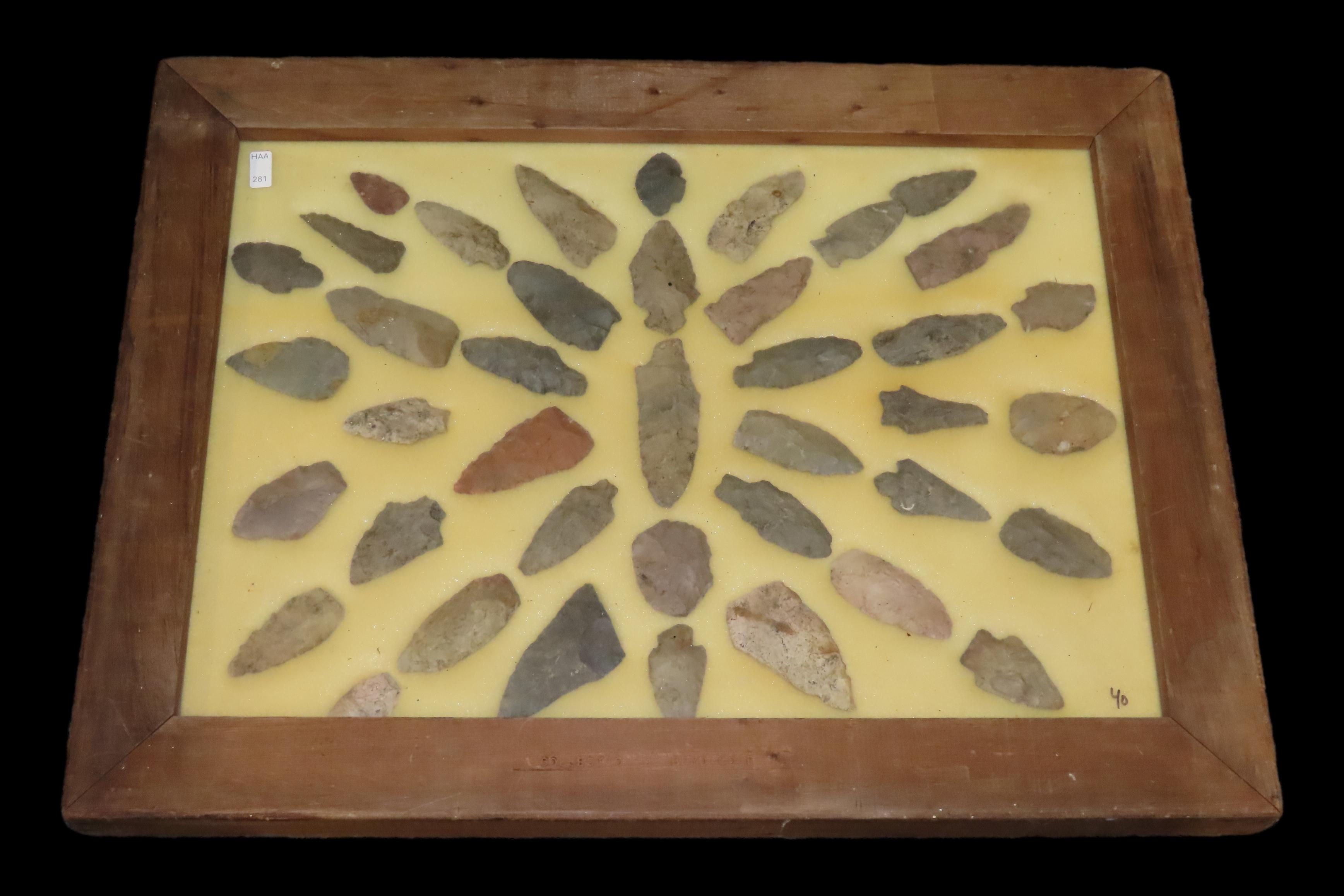 24" x 18" Frame full of Arrowheads found in Wayne & Hardin County Tennessee by Boyd Cole. Indian Artifact Collection, Knife, Blade, Spear.