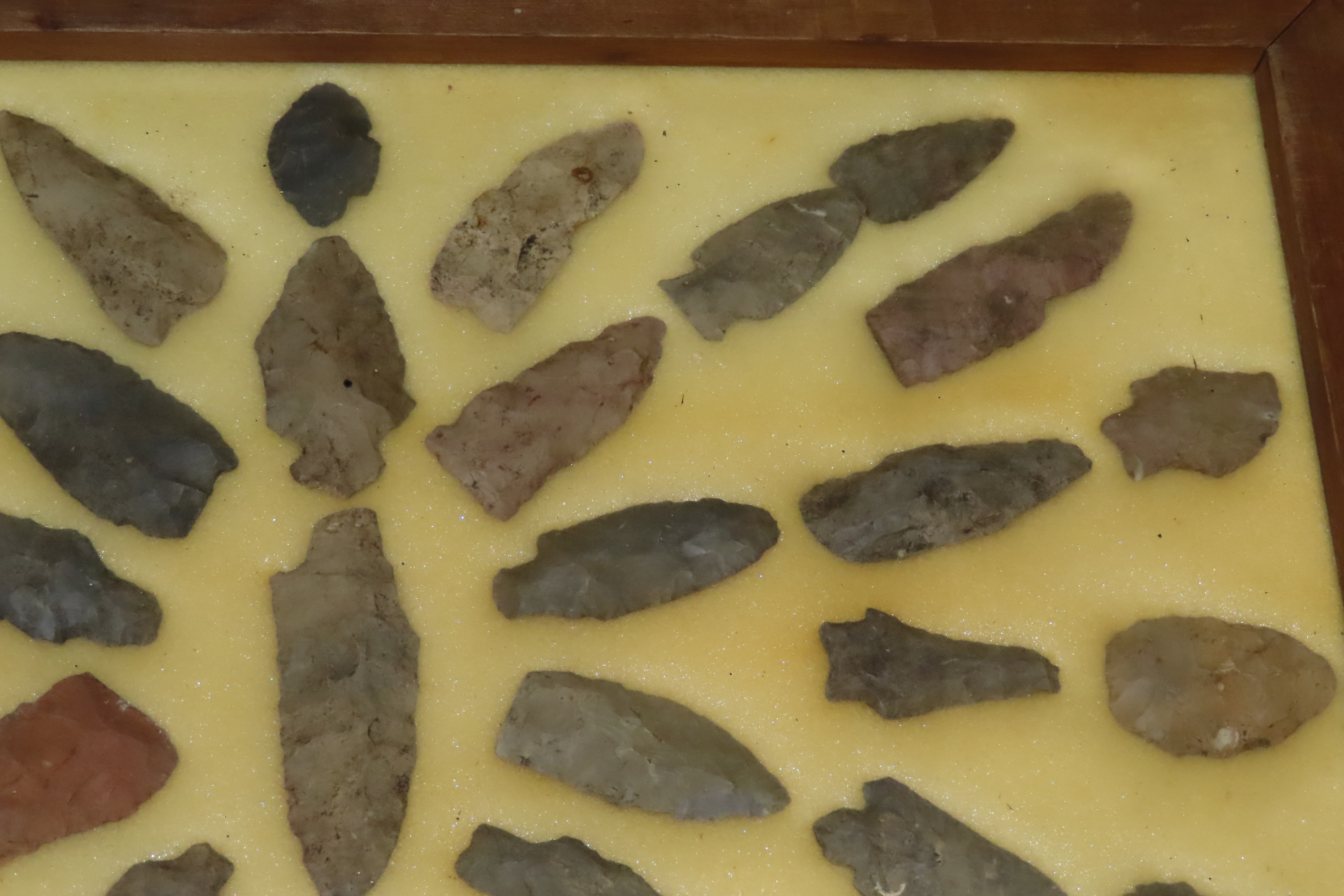 24" x 18" Frame full of Arrowheads found in Wayne & Hardin County Tennessee by Boyd Cole. Indian Artifact Collection, Knife, Blade, Spear.