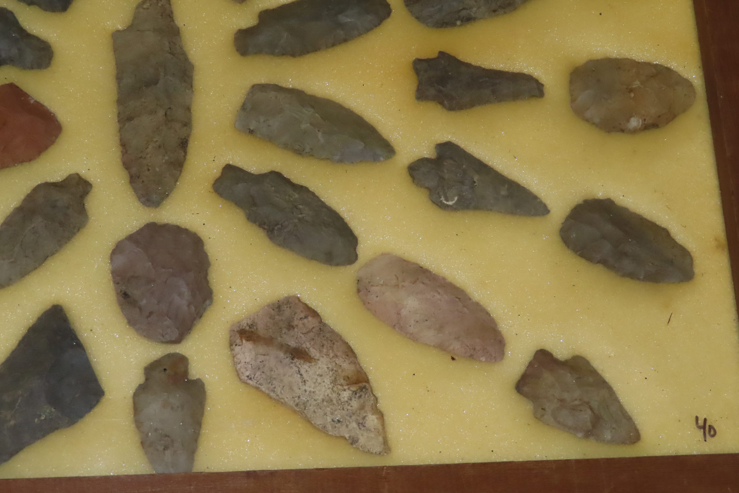 24" x 18" Frame full of Arrowheads found in Wayne & Hardin County Tennessee by Boyd Cole. Indian Artifact Collection, Knife, Blade, Spear.