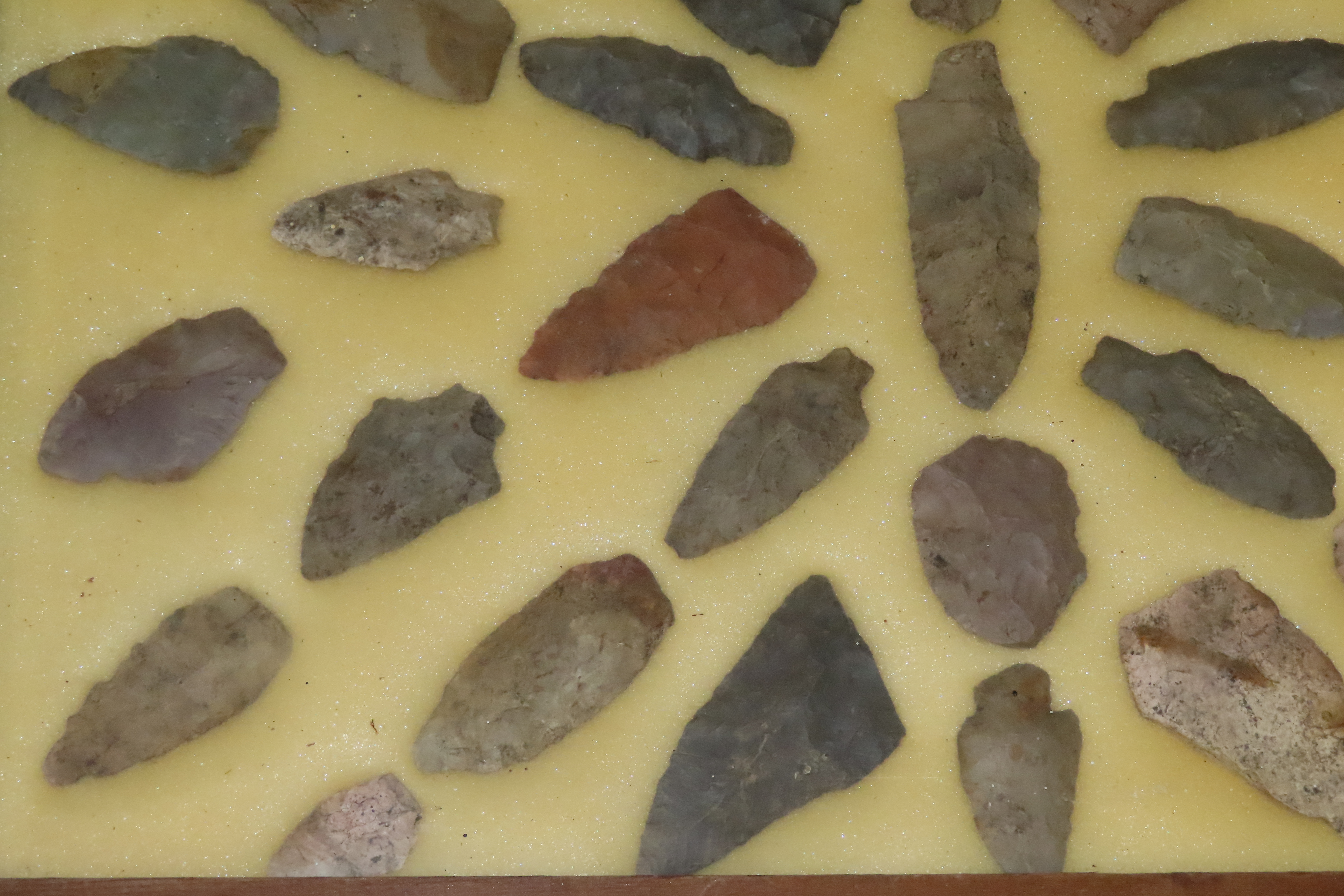 24" x 18" Frame full of Arrowheads found in Wayne & Hardin County Tennessee by Boyd Cole. Indian Artifact Collection, Knife, Blade, Spear.