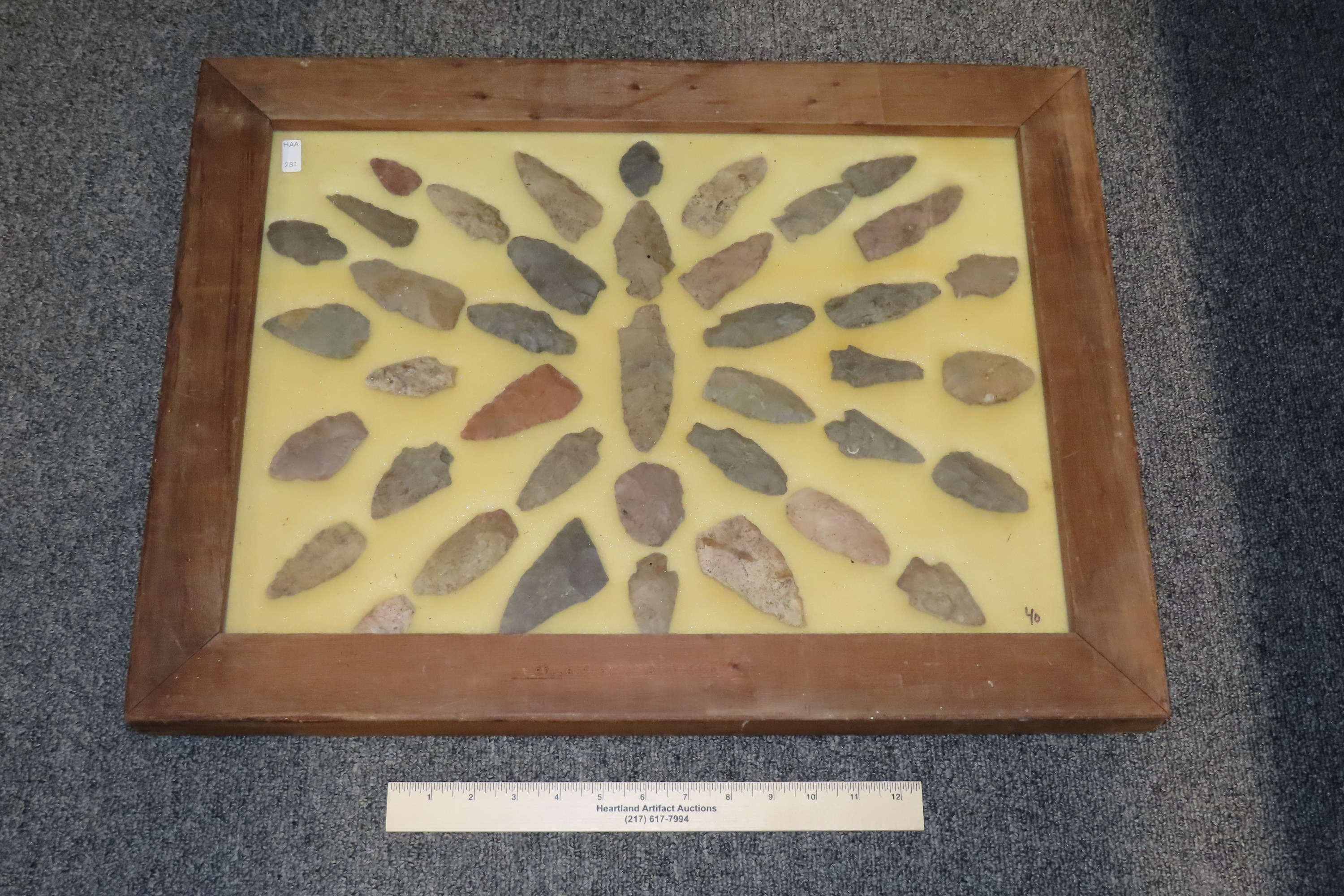 24" x 18" Frame full of Arrowheads found in Wayne & Hardin County Tennessee by Boyd Cole. Indian Artifact Collection, Knife, Blade, Spear.