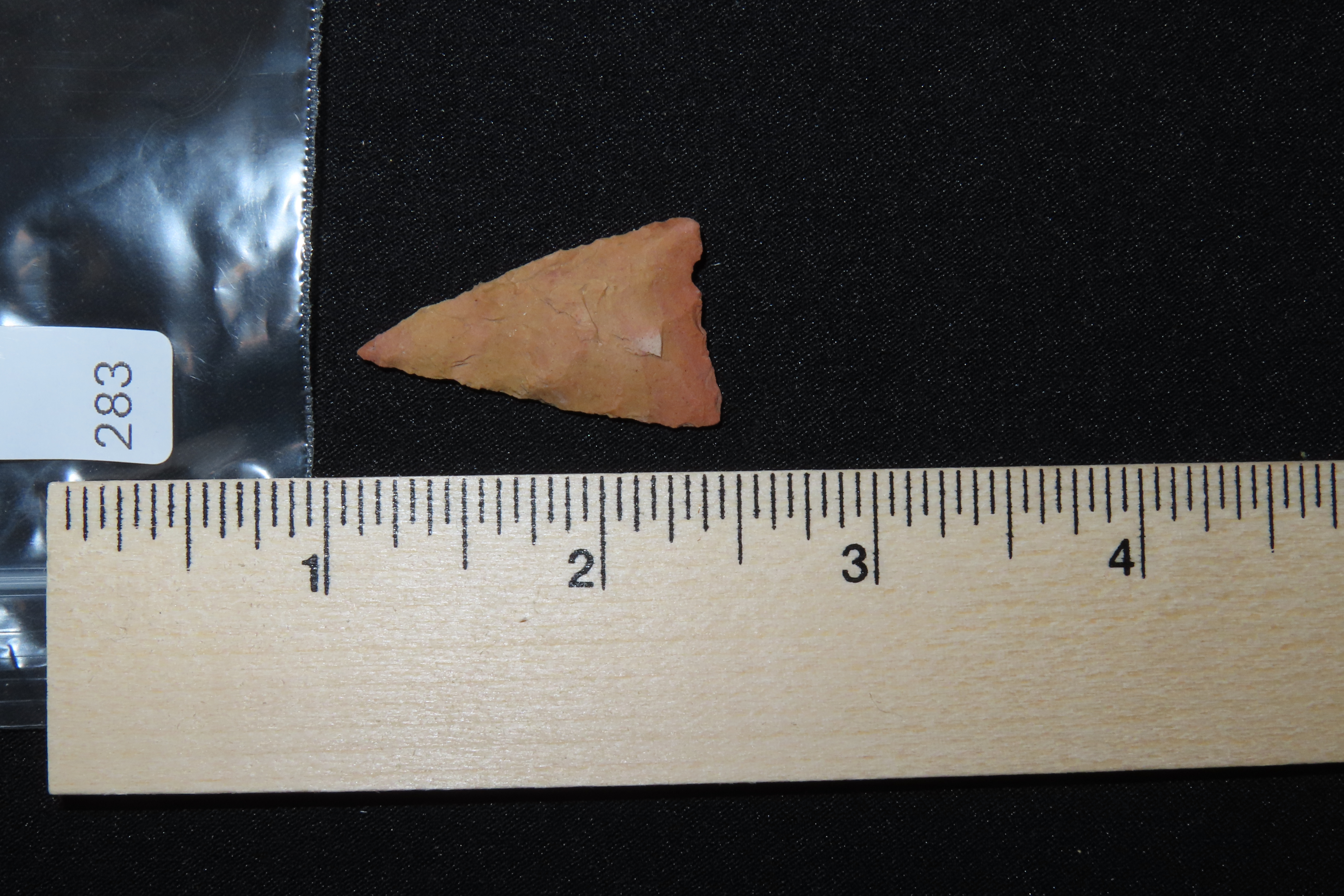 Nice Cahokia Triangle found in Madison County Illinois. Colorful, thin, and well flaked example.