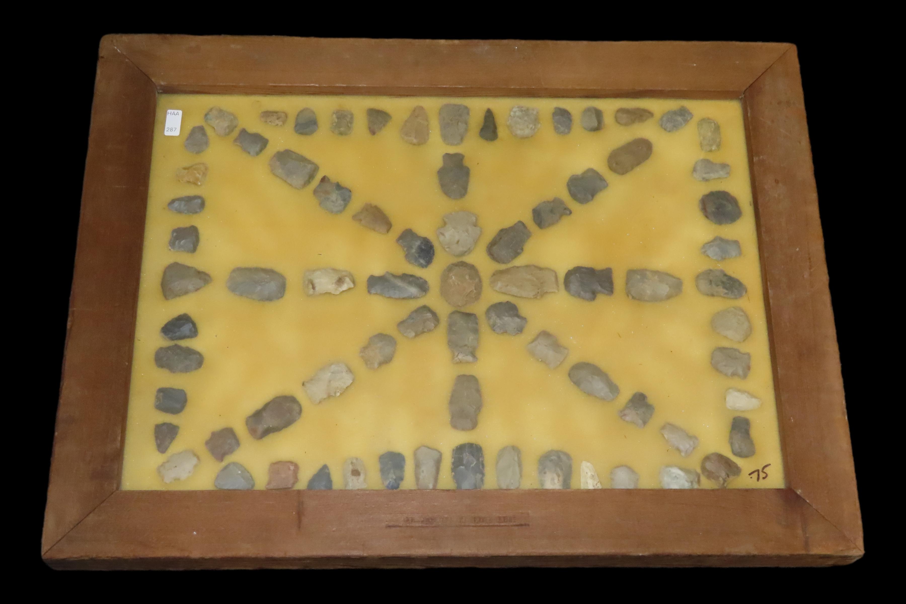 24" x 18" Frame full of Hafted Scrapers / Arrowheads found in Wayne & Hardin County Tennessee by Boyd Cole. Indian Artifact Collection, Knif