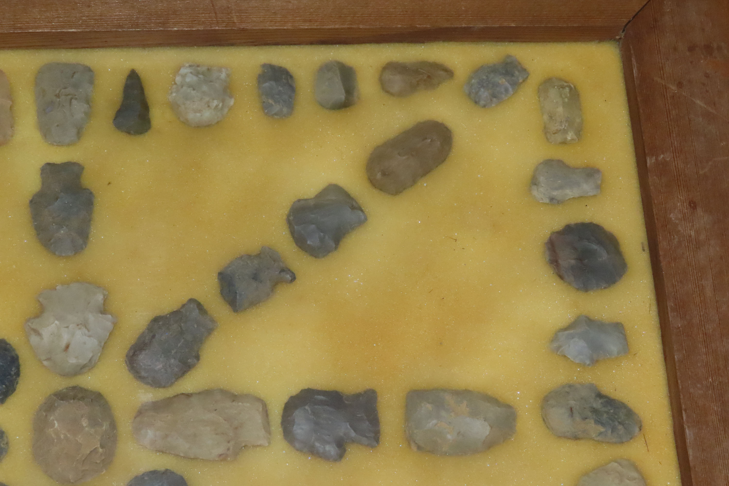 24" x 18" Frame full of Hafted Scrapers / Arrowheads found in Wayne & Hardin County Tennessee by Boyd Cole. Indian Artifact Collection, Knif