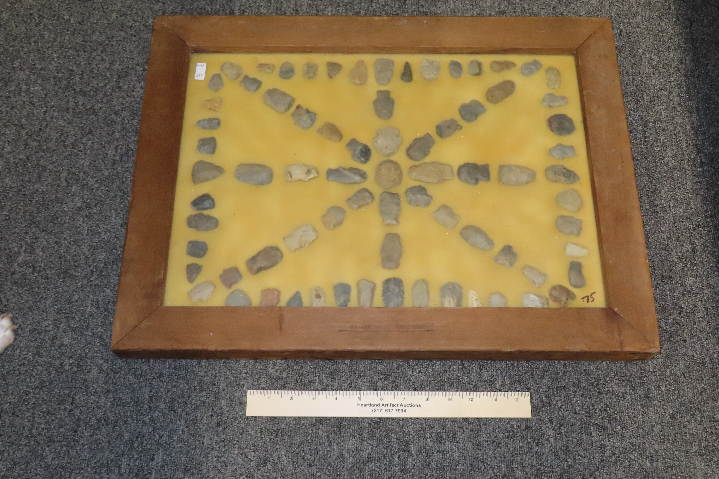 24" x 18" Frame full of Hafted Scrapers / Arrowheads found in Wayne & Hardin County Tennessee by Boyd Cole. Indian Artifact Collection, Knif