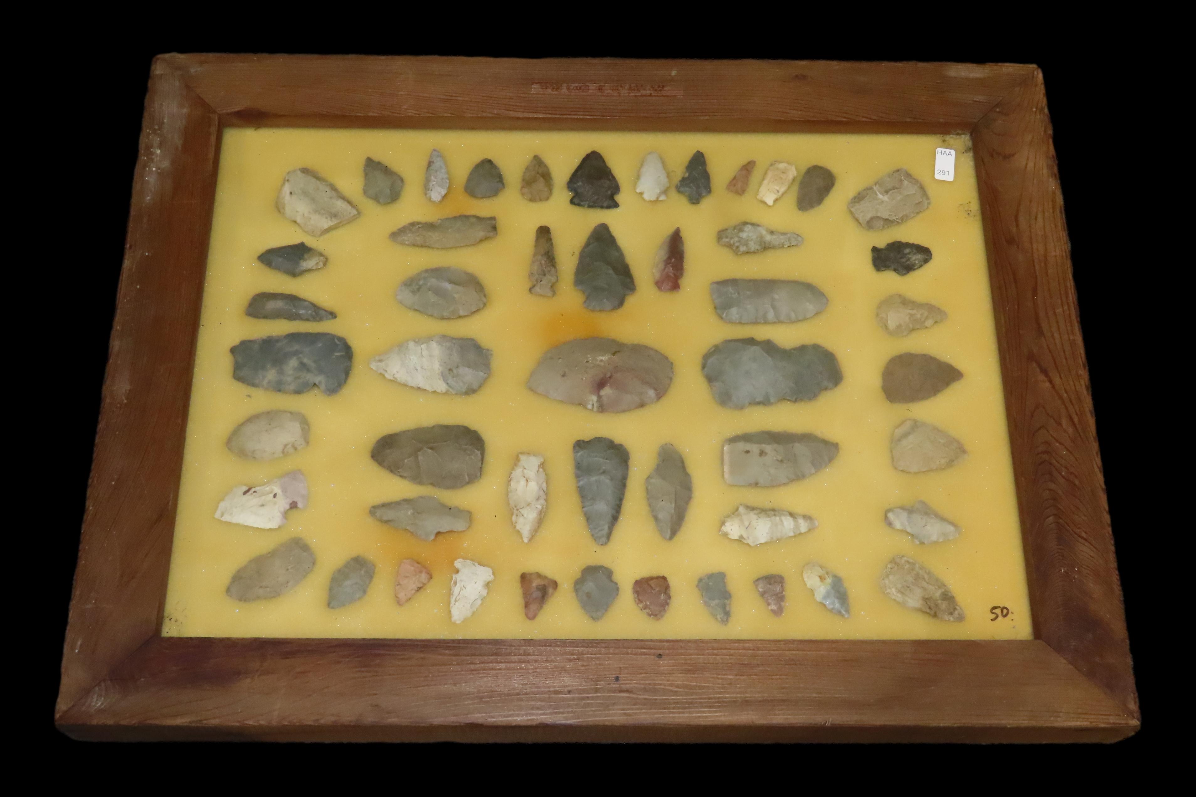 24" x 18" Frame full of Arrowheads found in Wayne & Hardin County Tennessee by Boyd Cole. Indian Artifact Collection, Knife, Blade, Spear.