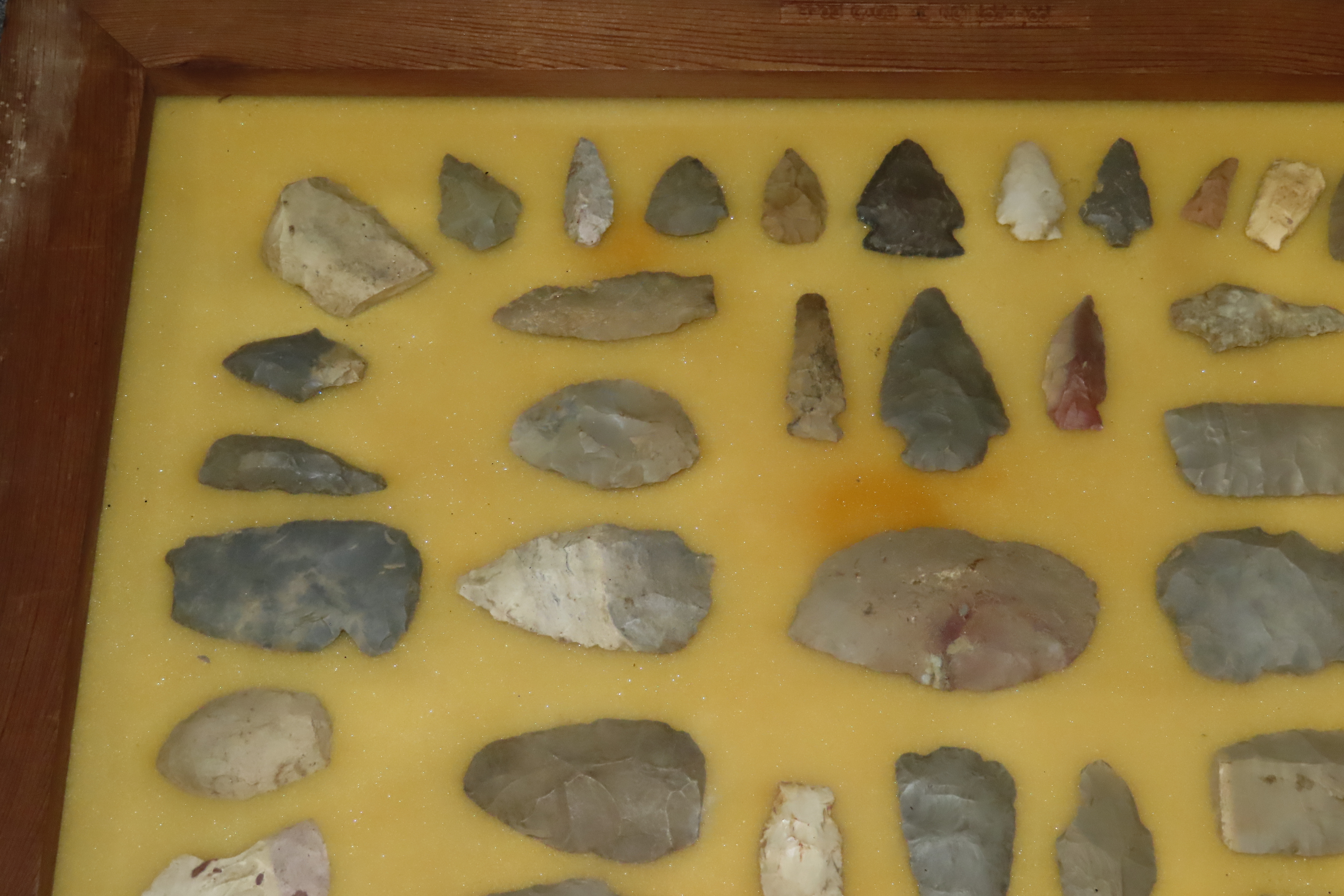 24" x 18" Frame full of Arrowheads found in Wayne & Hardin County Tennessee by Boyd Cole. Indian Artifact Collection, Knife, Blade, Spear.