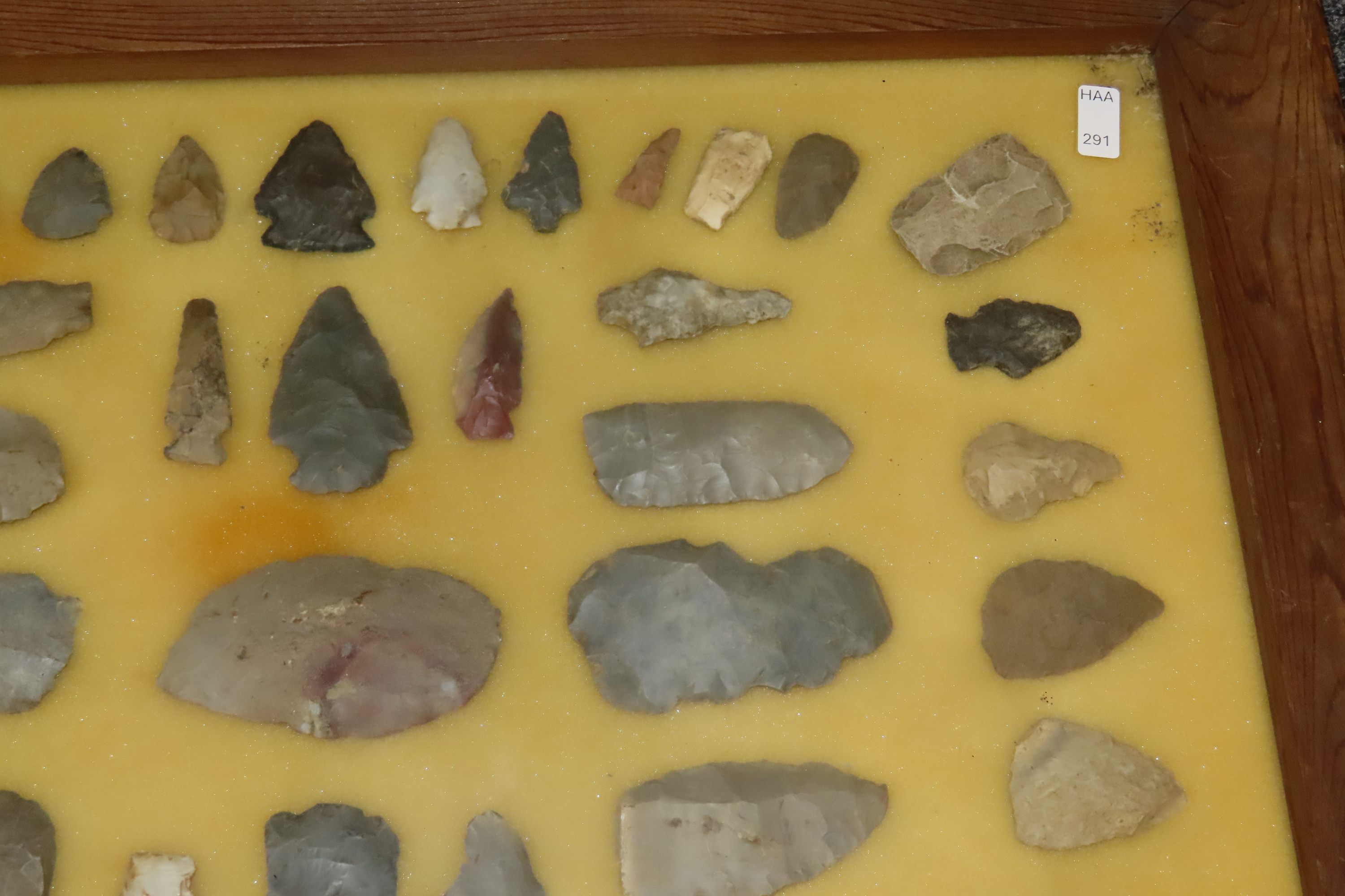 24" x 18" Frame full of Arrowheads found in Wayne & Hardin County Tennessee by Boyd Cole. Indian Artifact Collection, Knife, Blade, Spear.