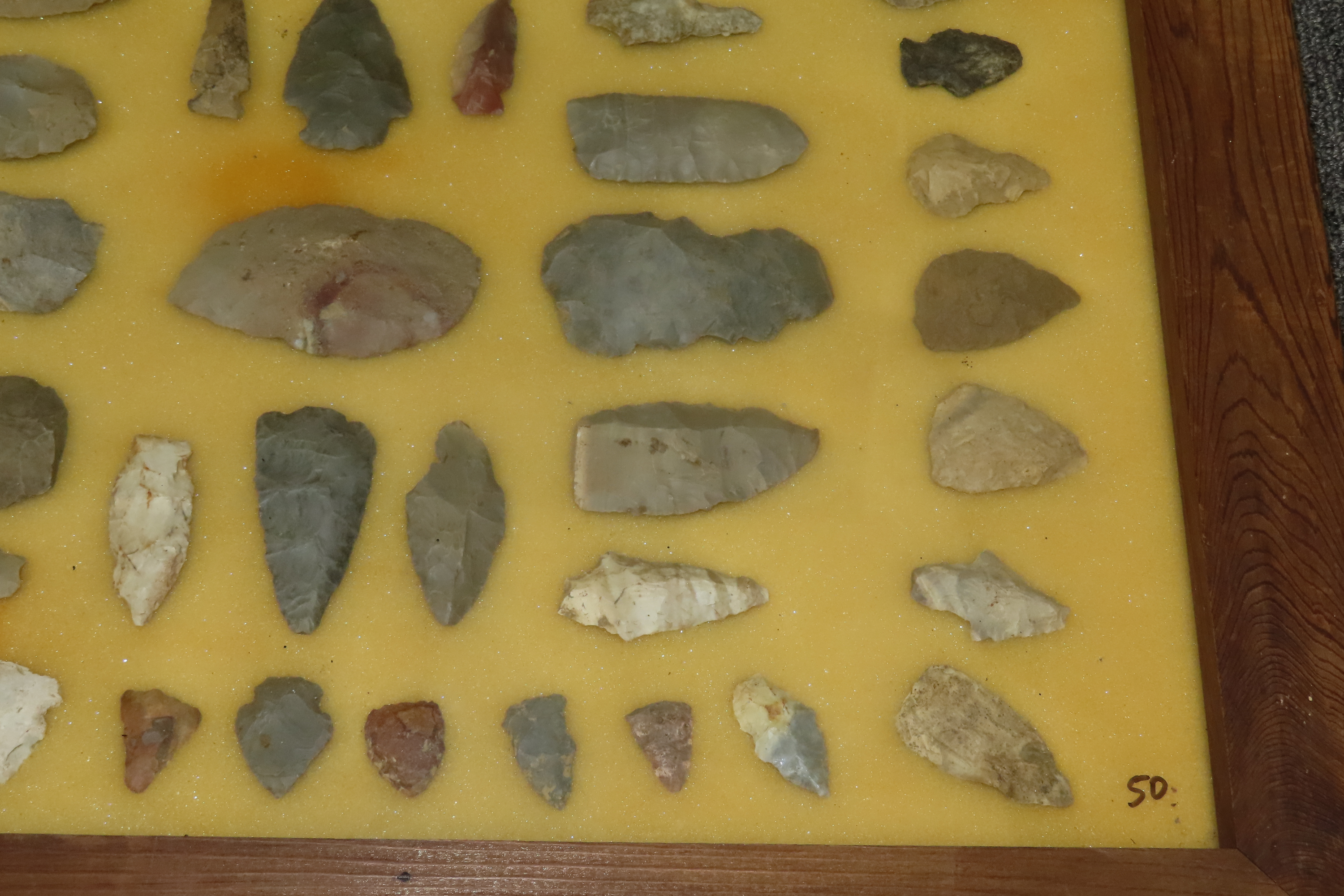 24" x 18" Frame full of Arrowheads found in Wayne & Hardin County Tennessee by Boyd Cole. Indian Artifact Collection, Knife, Blade, Spear.