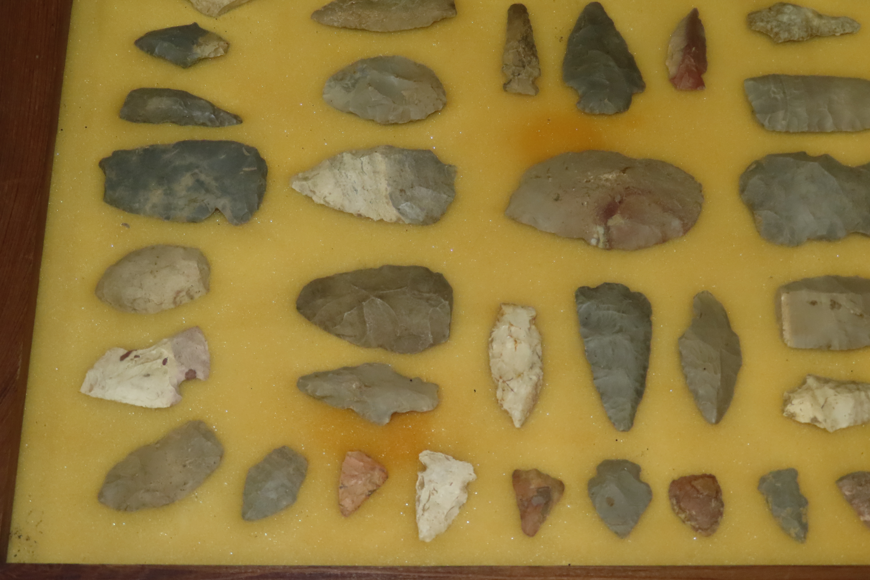 24" x 18" Frame full of Arrowheads found in Wayne & Hardin County Tennessee by Boyd Cole. Indian Artifact Collection, Knife, Blade, Spear.