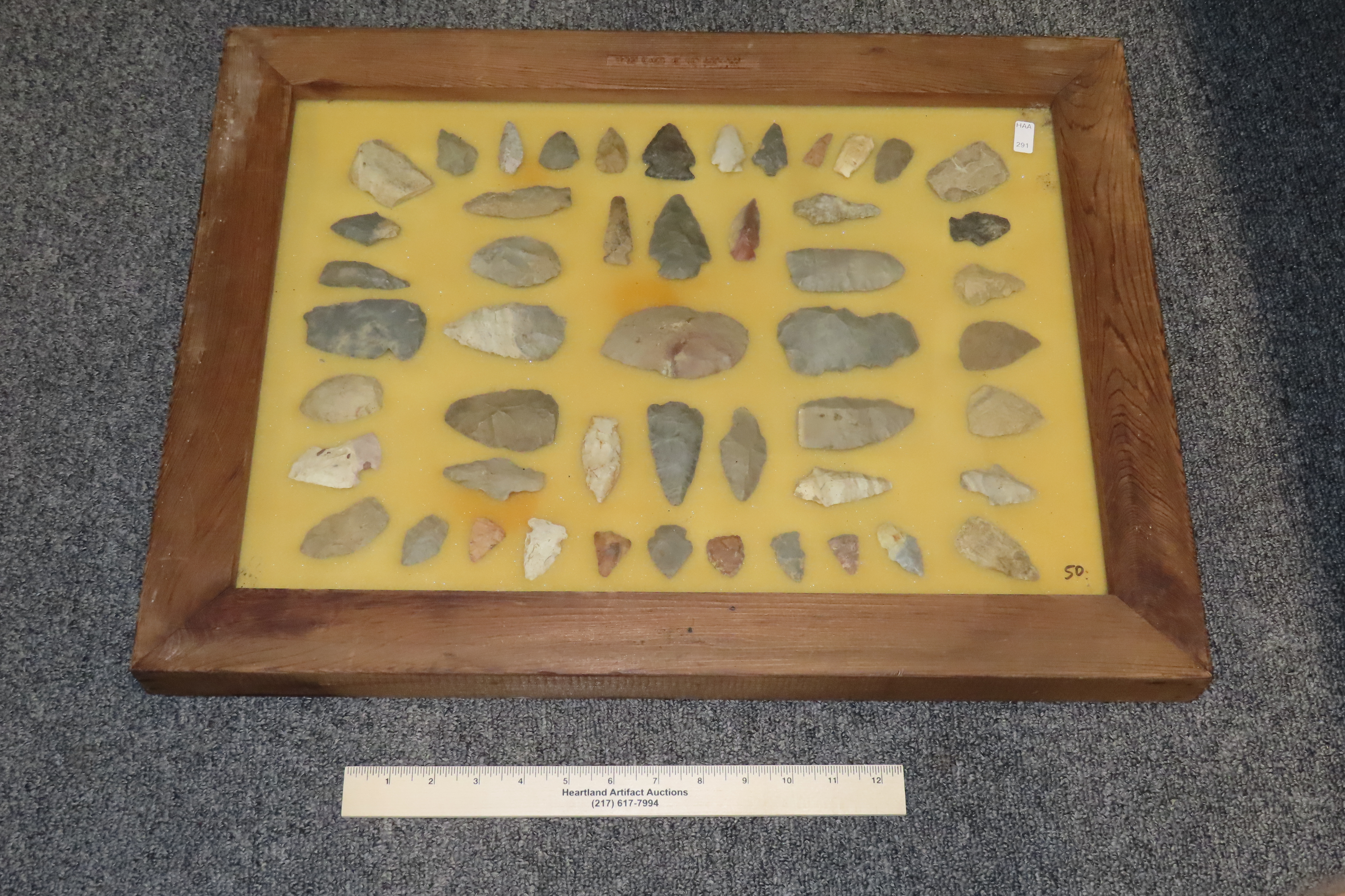 24" x 18" Frame full of Arrowheads found in Wayne & Hardin County Tennessee by Boyd Cole. Indian Artifact Collection, Knife, Blade, Spear.