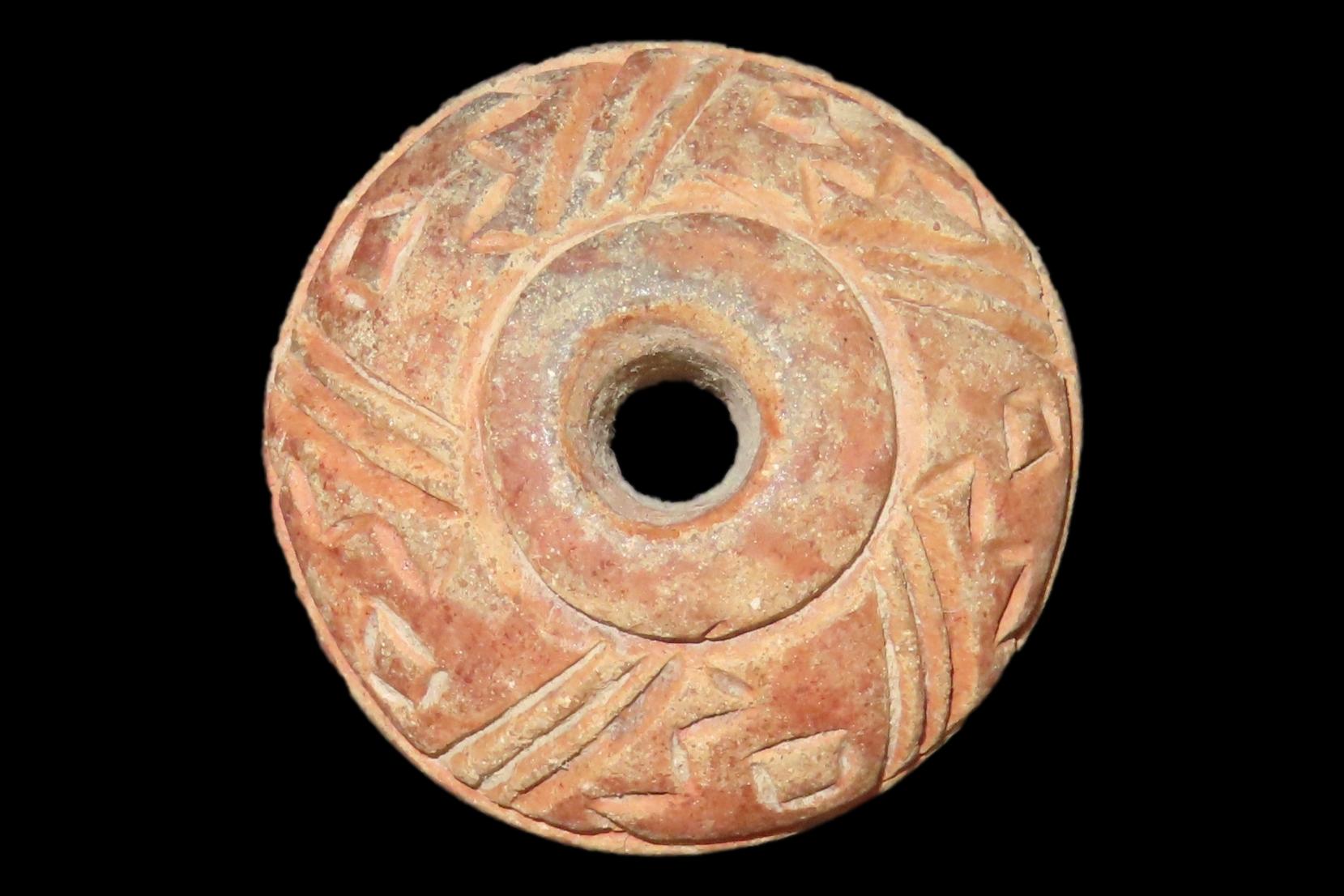 Engraved Pre-Columbian Effigy Clay Bead, Nicely Deigned Example. Mexico.