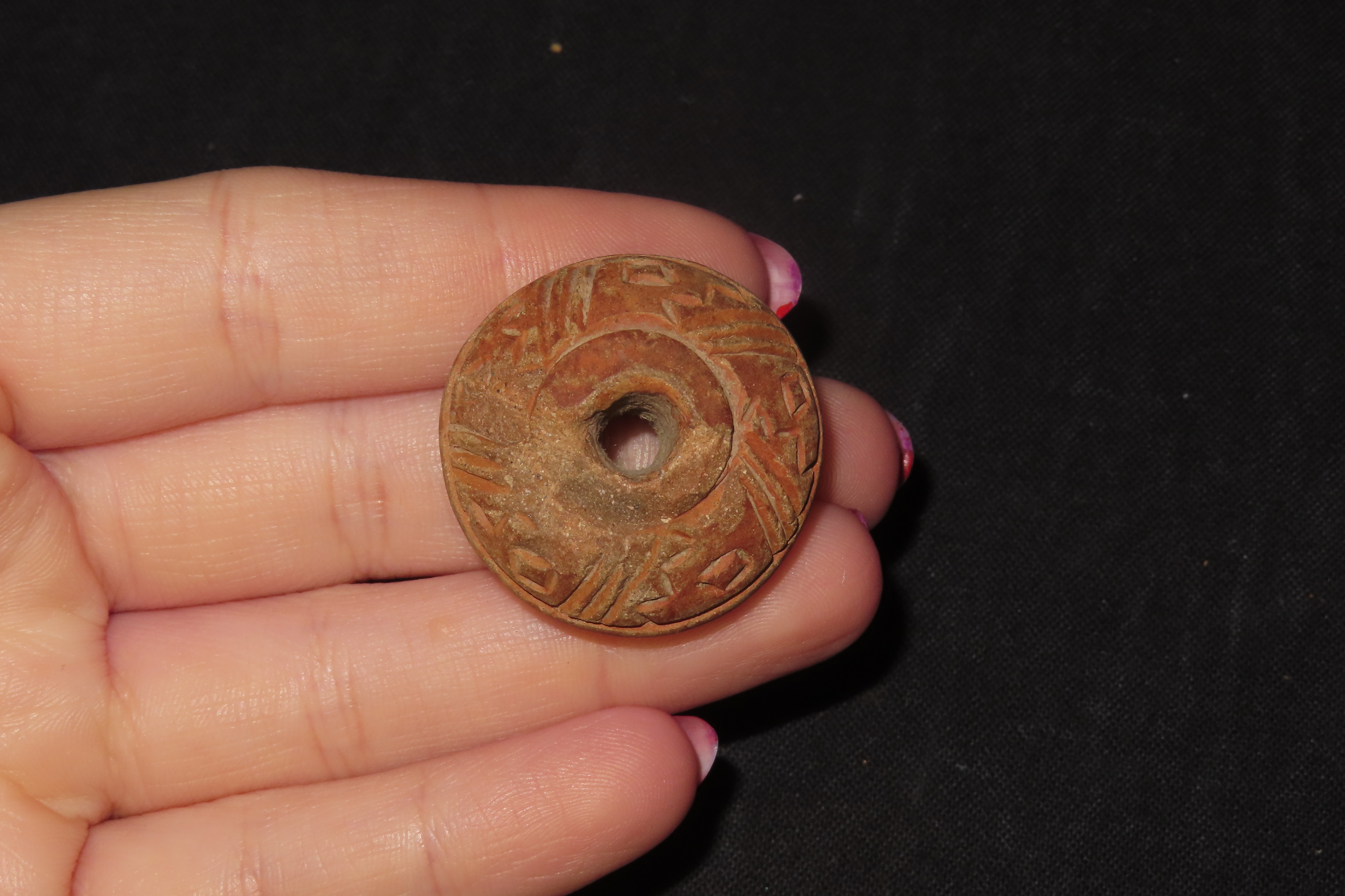 Engraved Pre-Columbian Effigy Clay Bead, Nicely Deigned Example. Mexico.