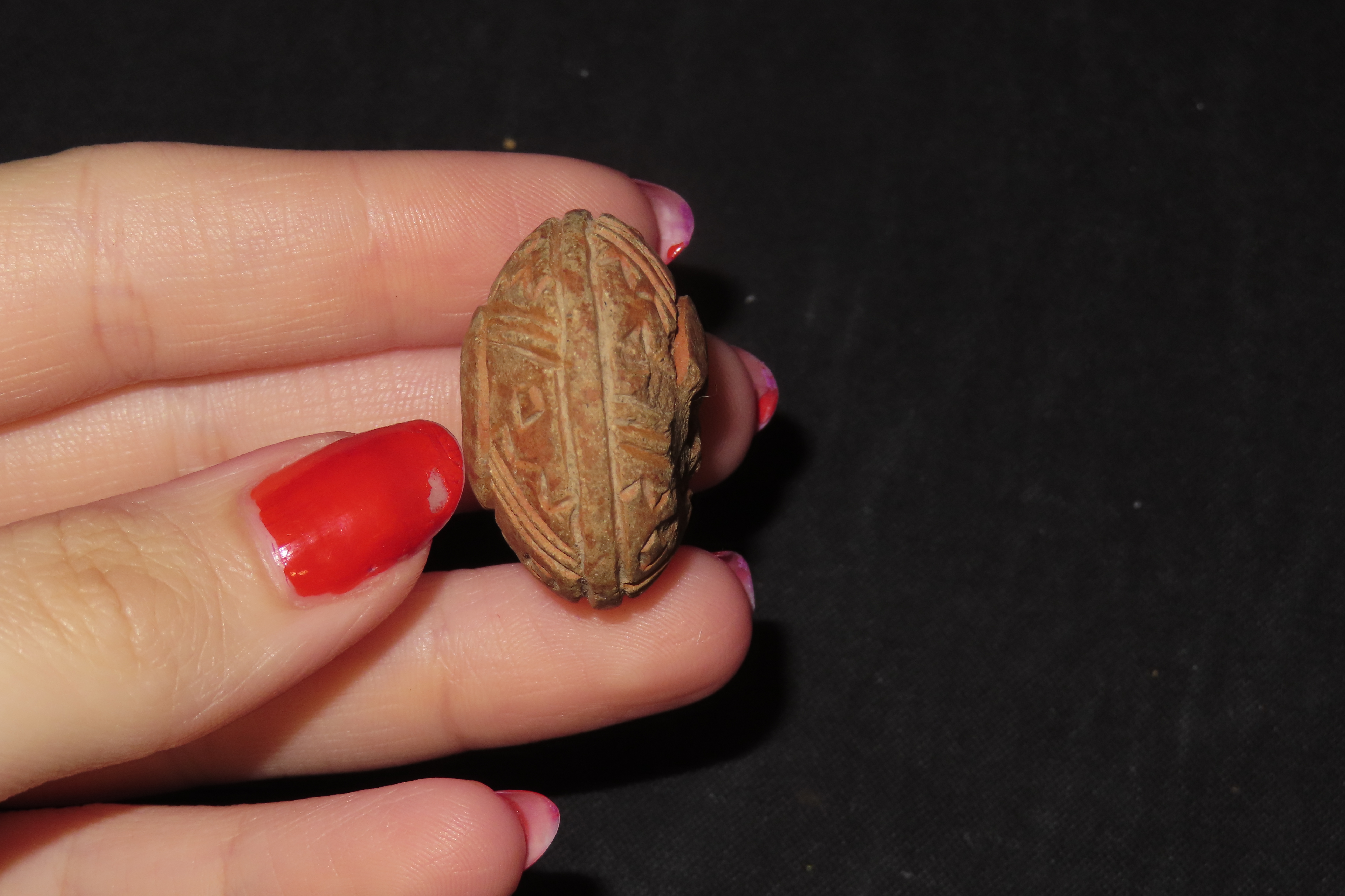 Engraved Pre-Columbian Effigy Clay Bead, Nicely Deigned Example. Mexico.