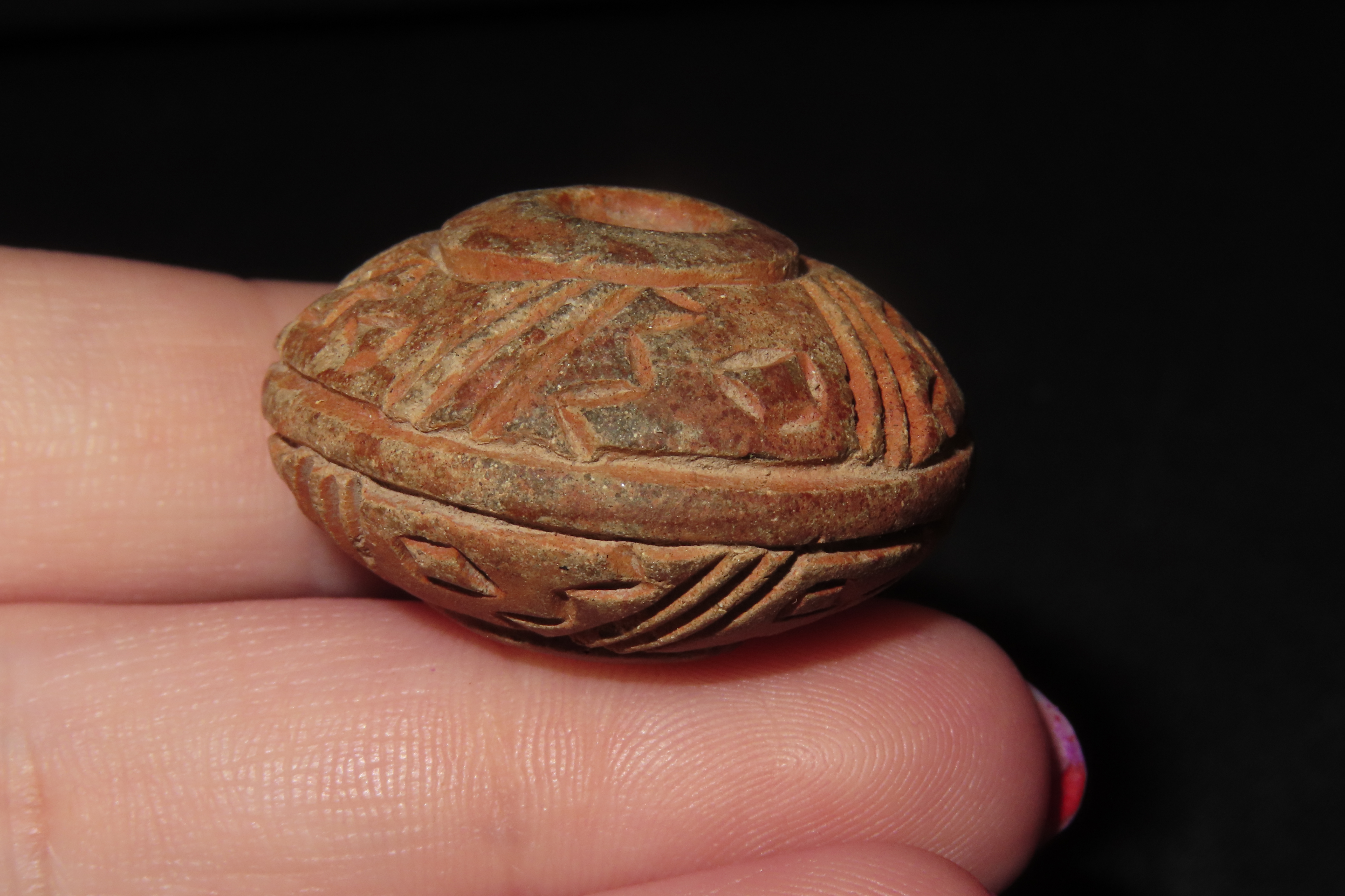 Engraved Pre-Columbian Effigy Clay Bead, Nicely Deigned Example. Mexico.