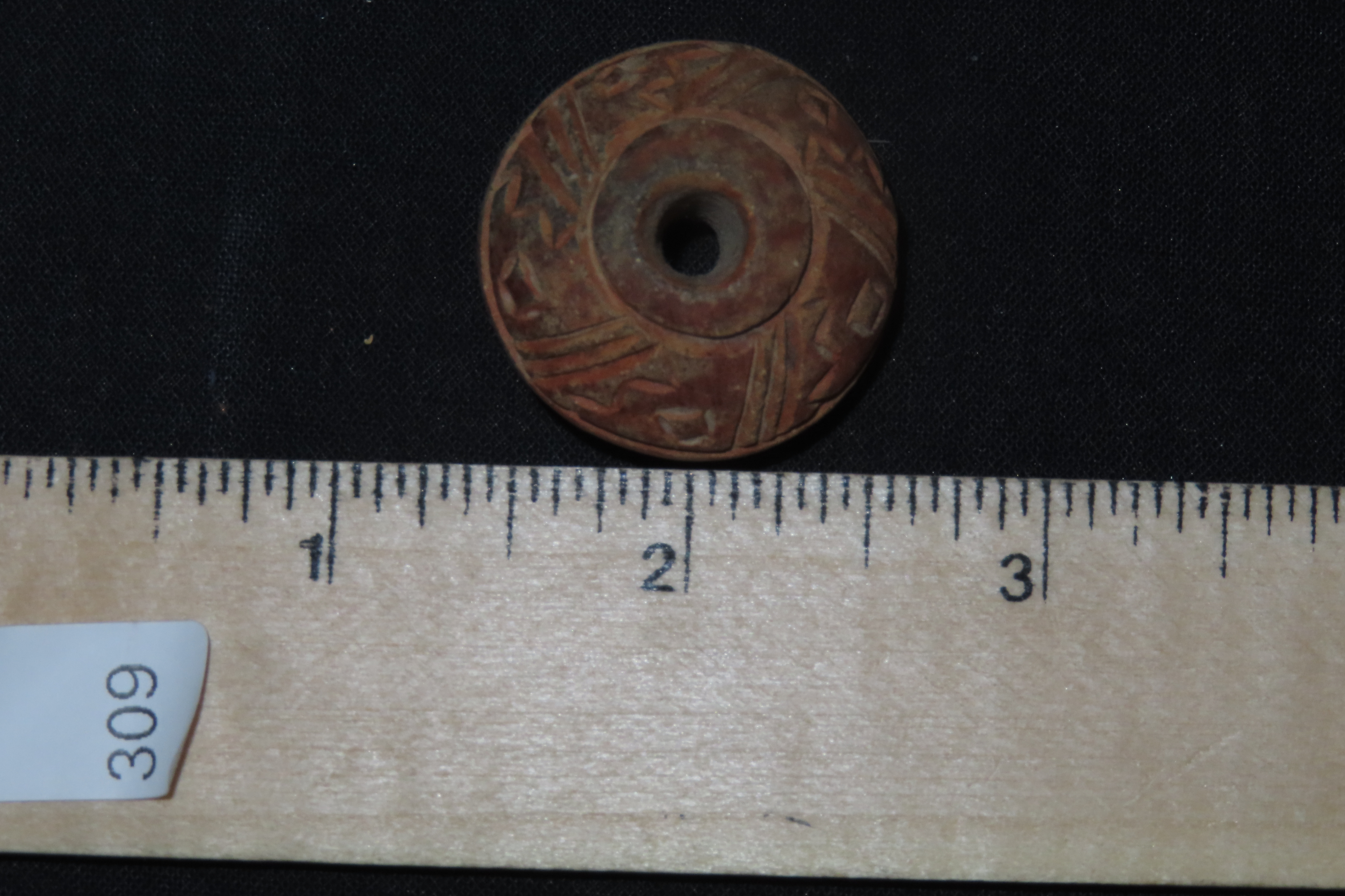 Engraved Pre-Columbian Effigy Clay Bead, Nicely Deigned Example. Mexico.