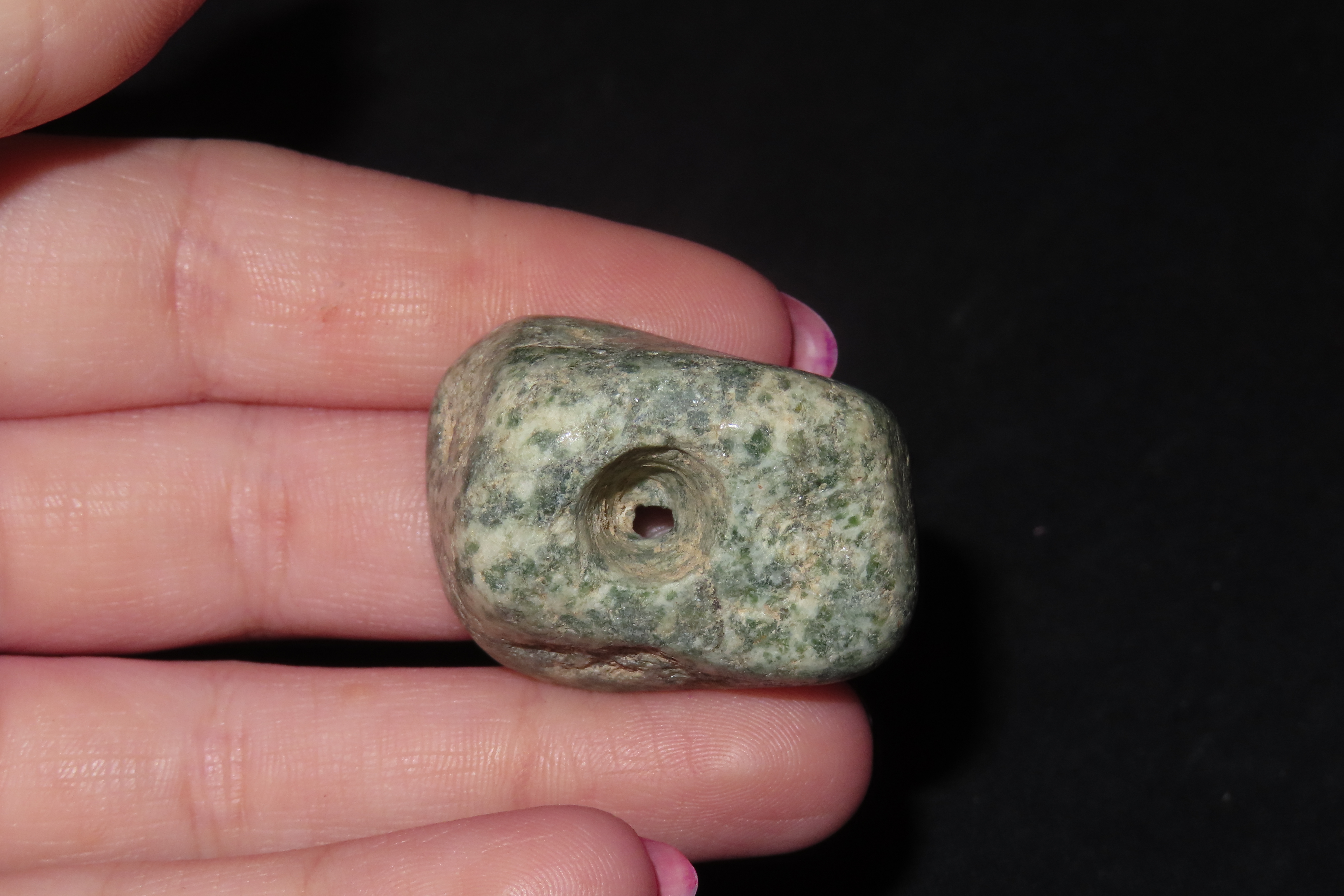 Large Beautiful Pre-Columbian Mezcala Jade / Jadeite Pendant, Drilled Stone Bead. Meticulously Shaped & Heavily Polished with Outstanding Co