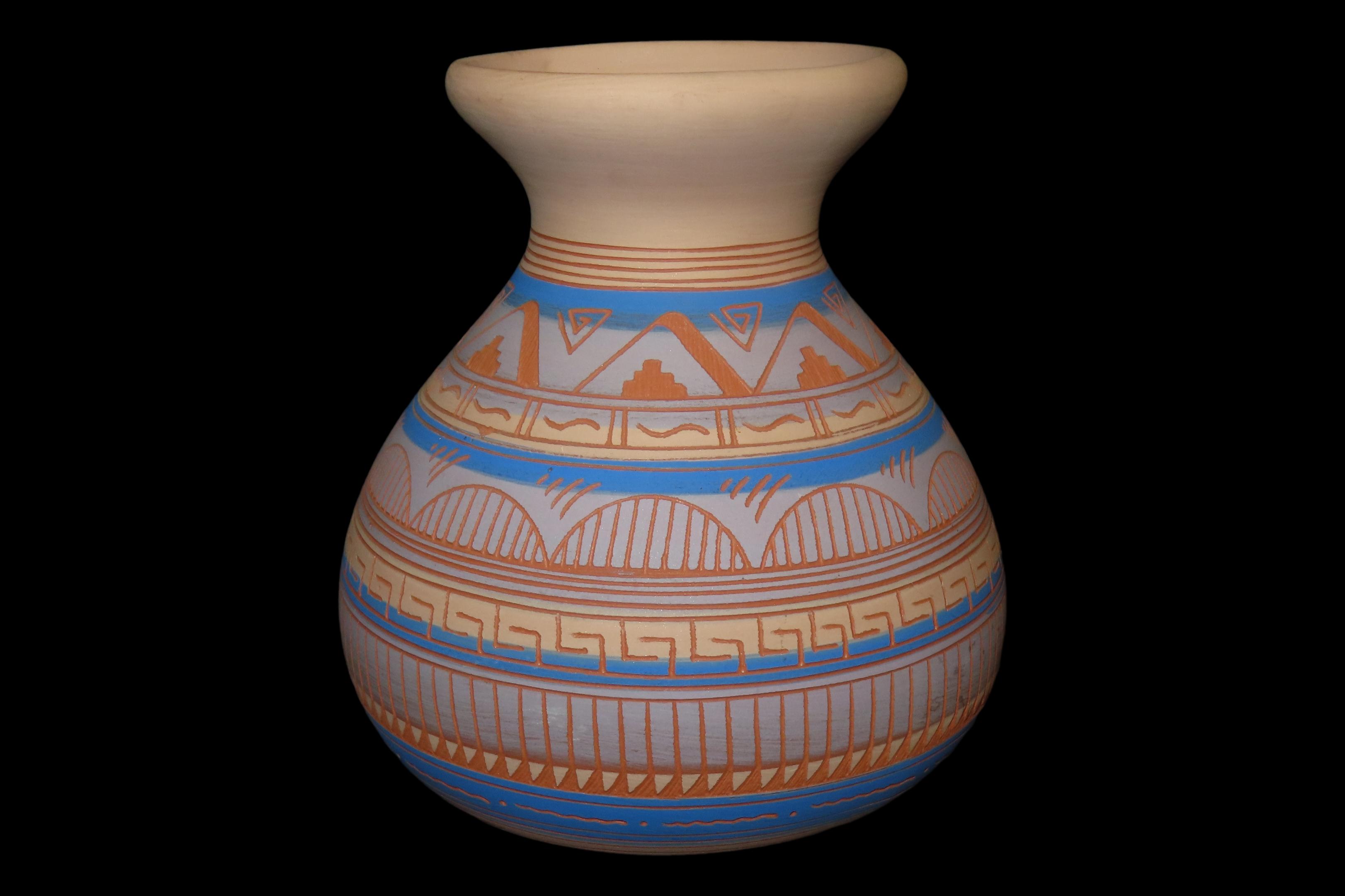 Beautiful Southwest Navajo Indians Pottery Vase / Jar / Bowl. Original Hand Painted / hand Etched Example. Signed on Bottom.
