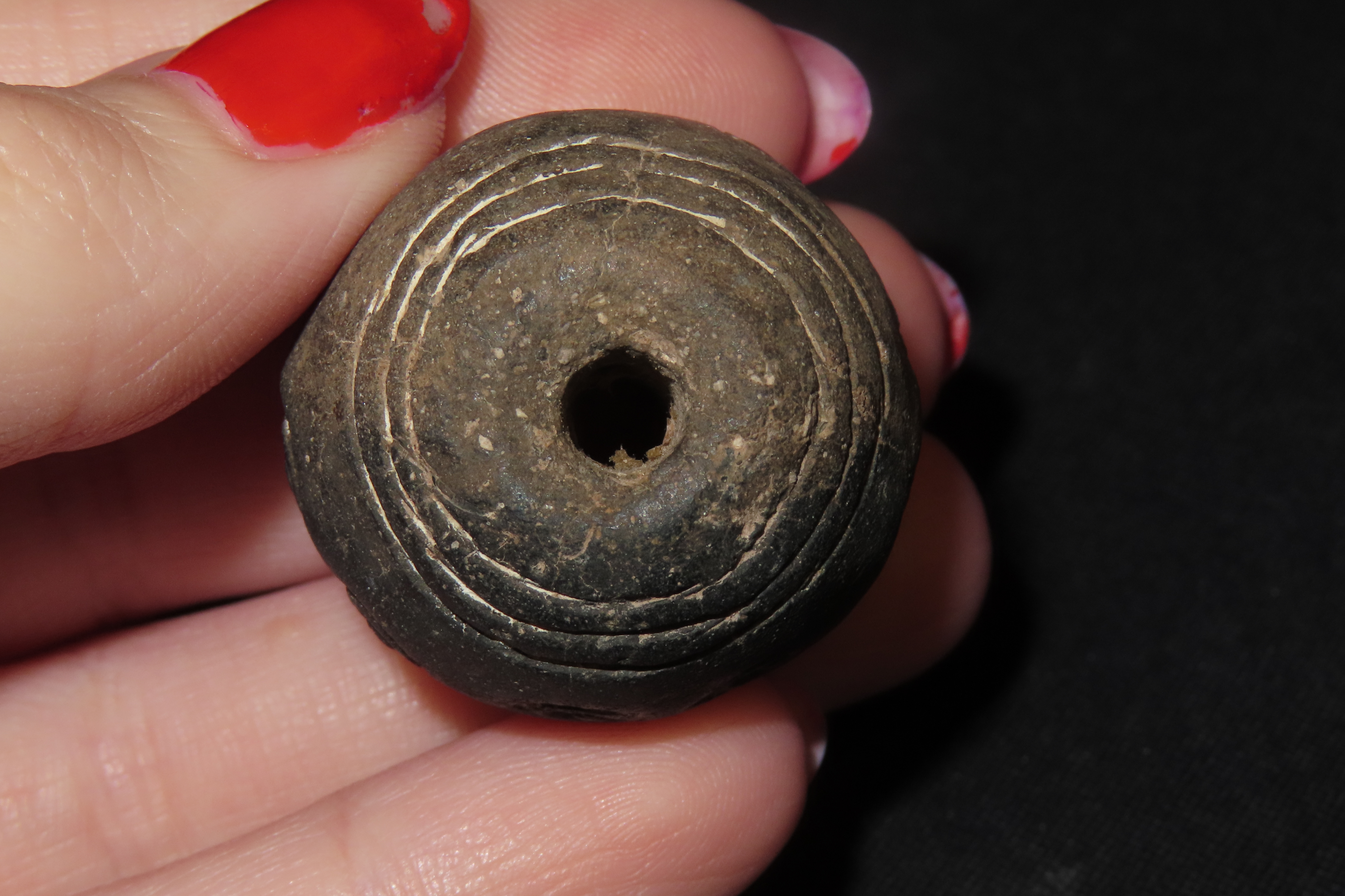 Engraved Pre-Columbian Effigy Clay Bead, Nicely Deigned Example. Mexico.