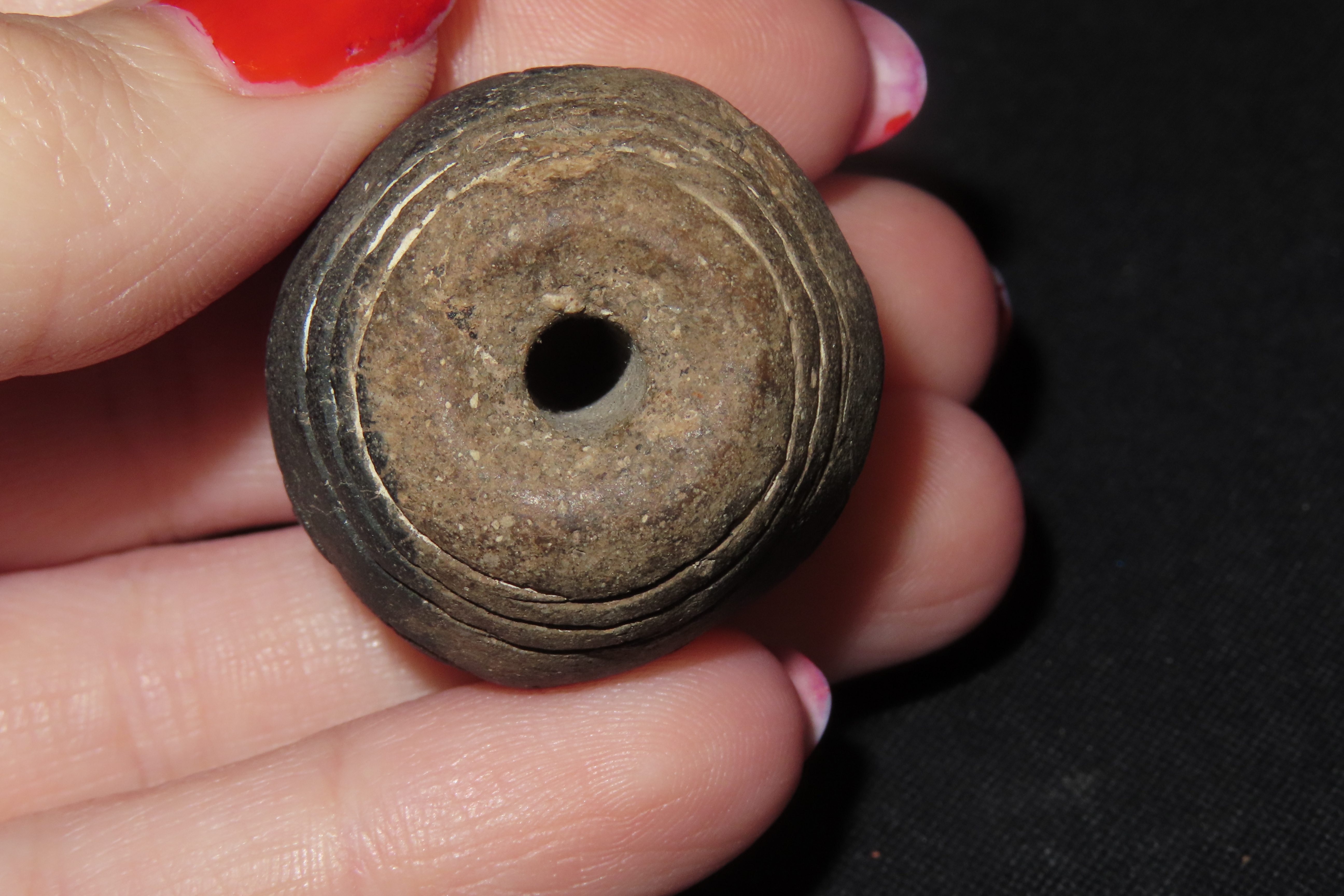 Engraved Pre-Columbian Effigy Clay Bead, Nicely Deigned Example. Mexico.