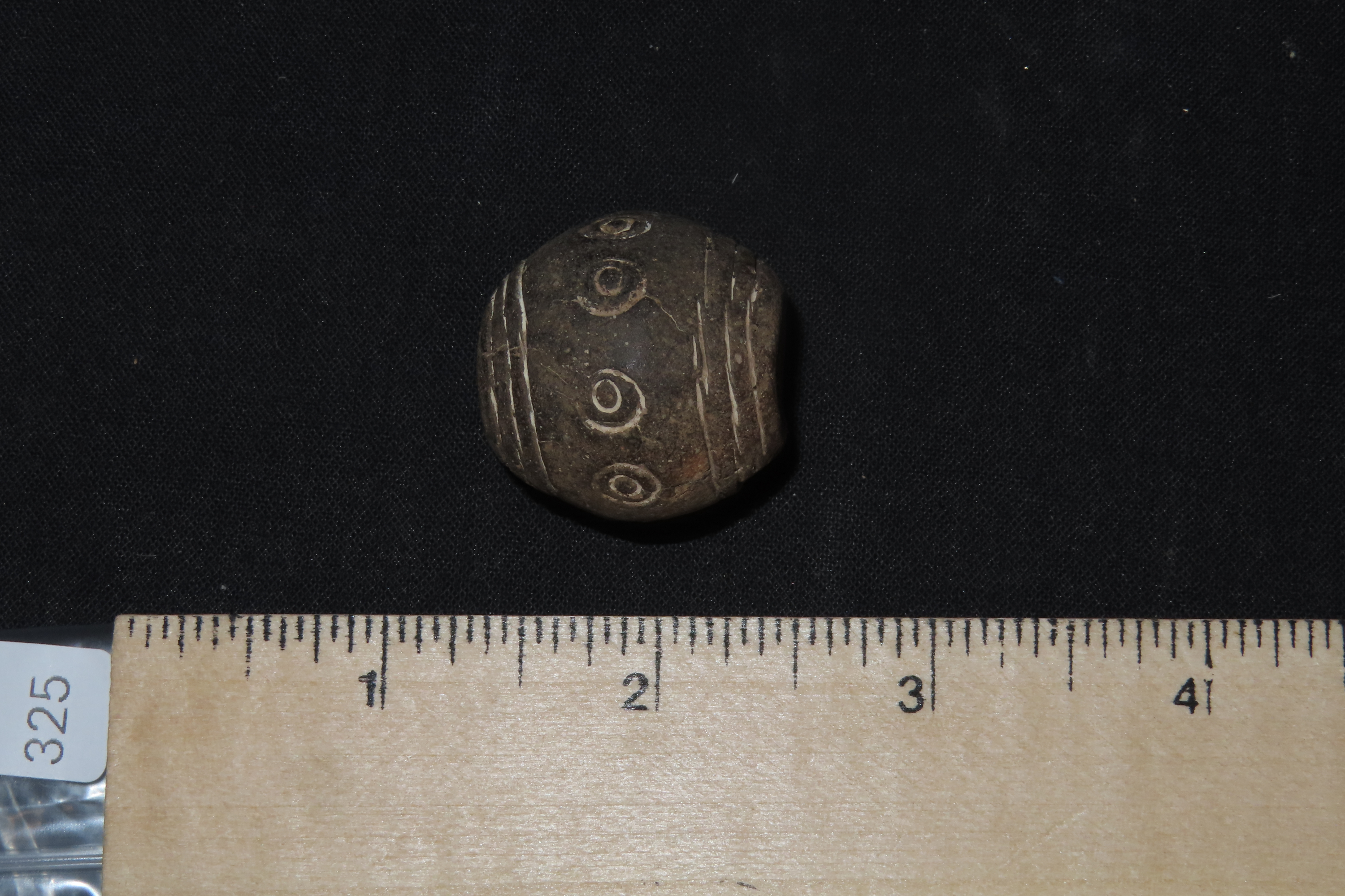 Engraved Pre-Columbian Effigy Clay Bead, Nicely Deigned Example. Mexico.