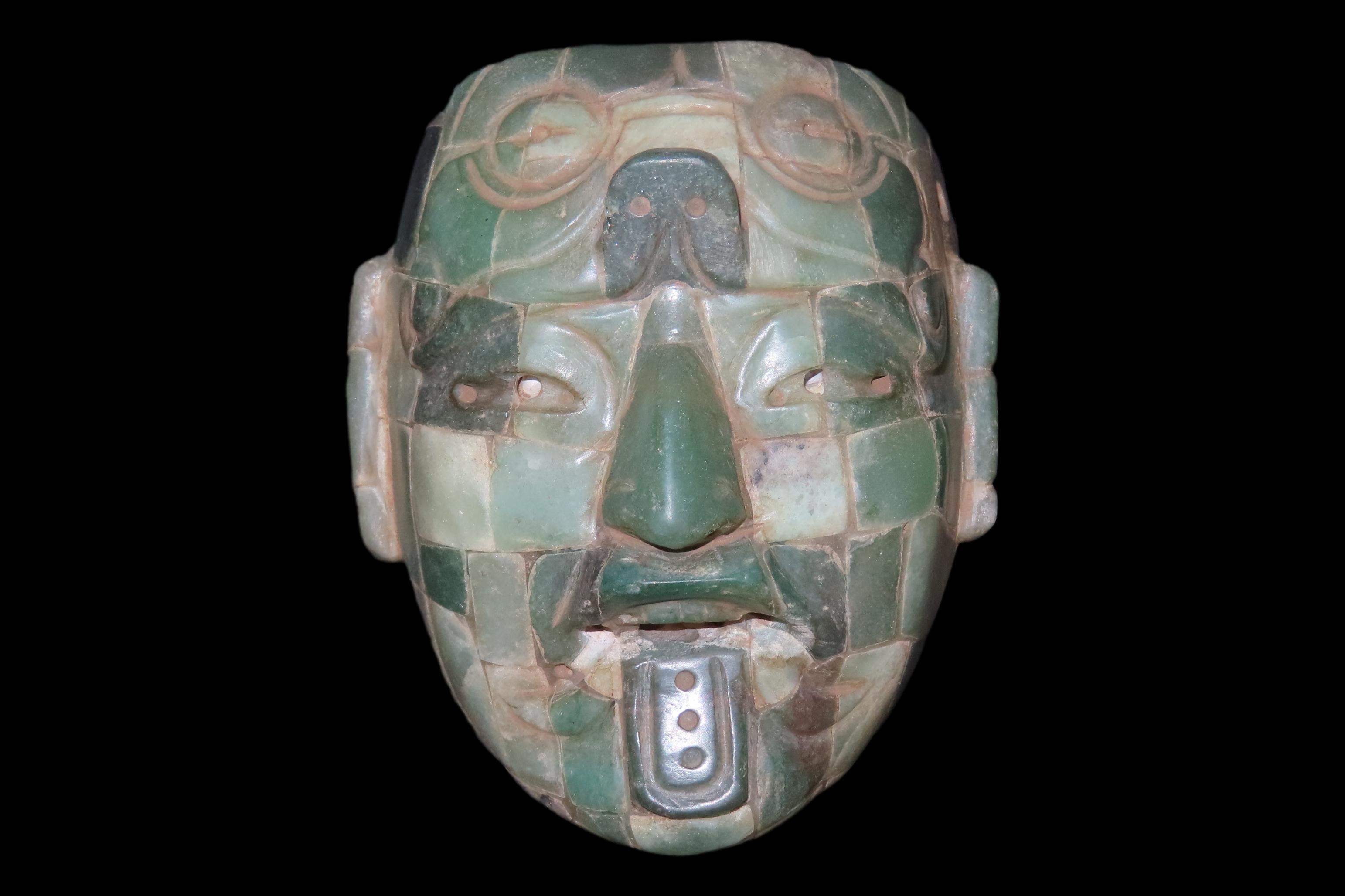 Rare Pre-Columbian Mayan Jade Mosaic Mask found in Guatemala. Motley COA. Ncredible Example. A real work of Art!