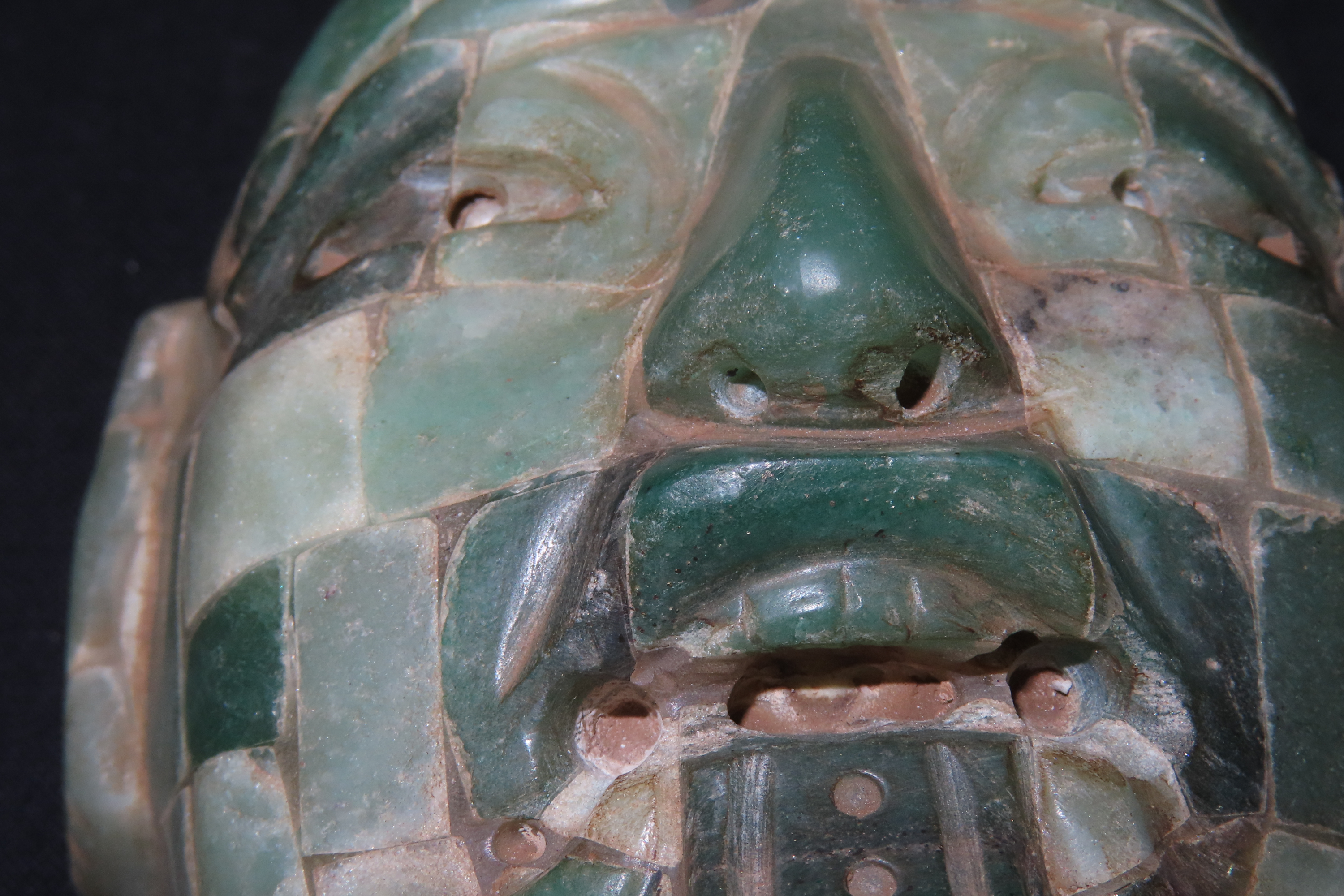 Rare Pre-Columbian Mayan Jade Mosaic Mask found in Guatemala. Motley COA. Ncredible Example. A real work of Art!