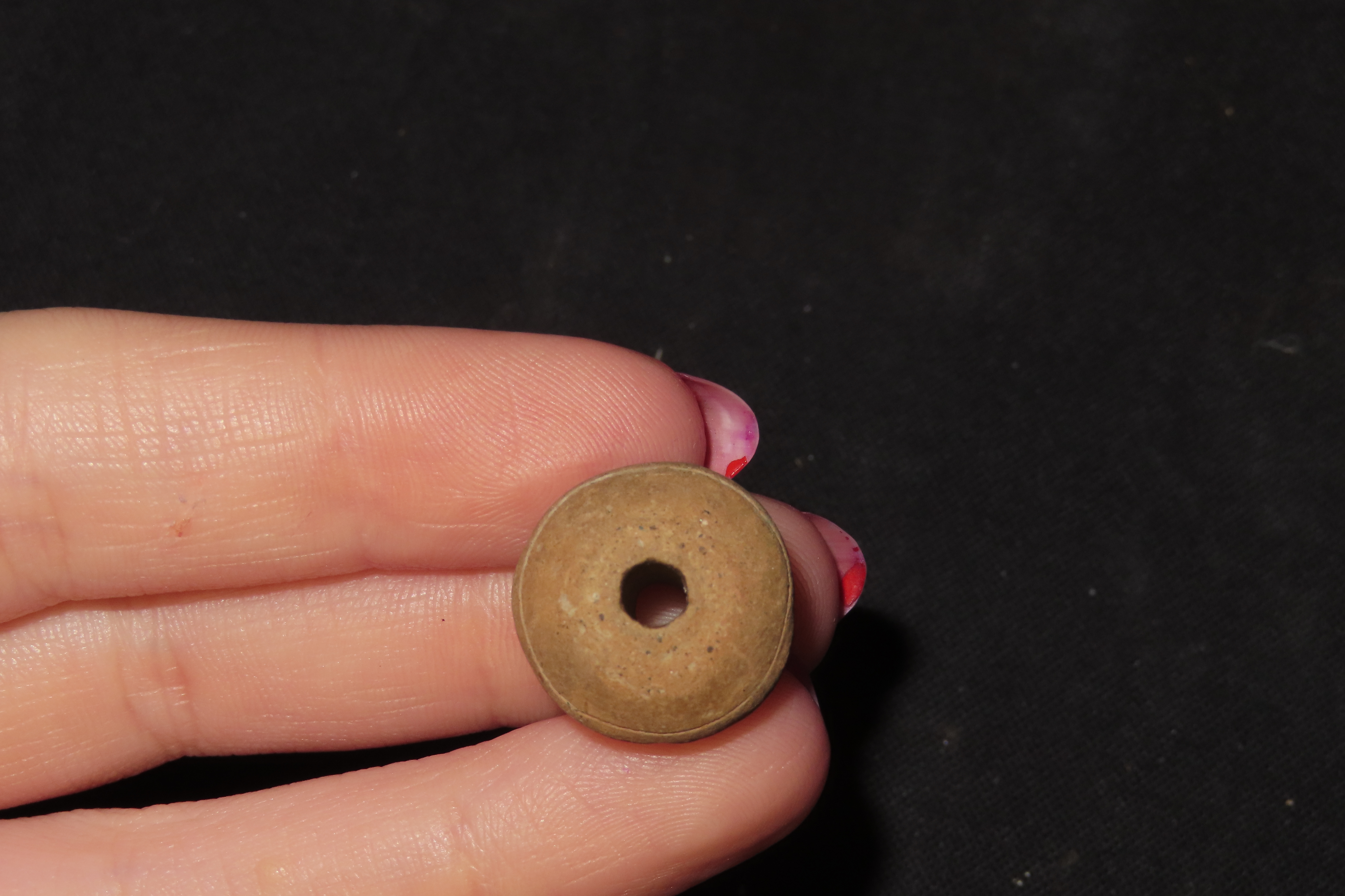 Engraved Pre-Columbian Effigy Clay Bead, Nicely Deigned Example. Mexico.