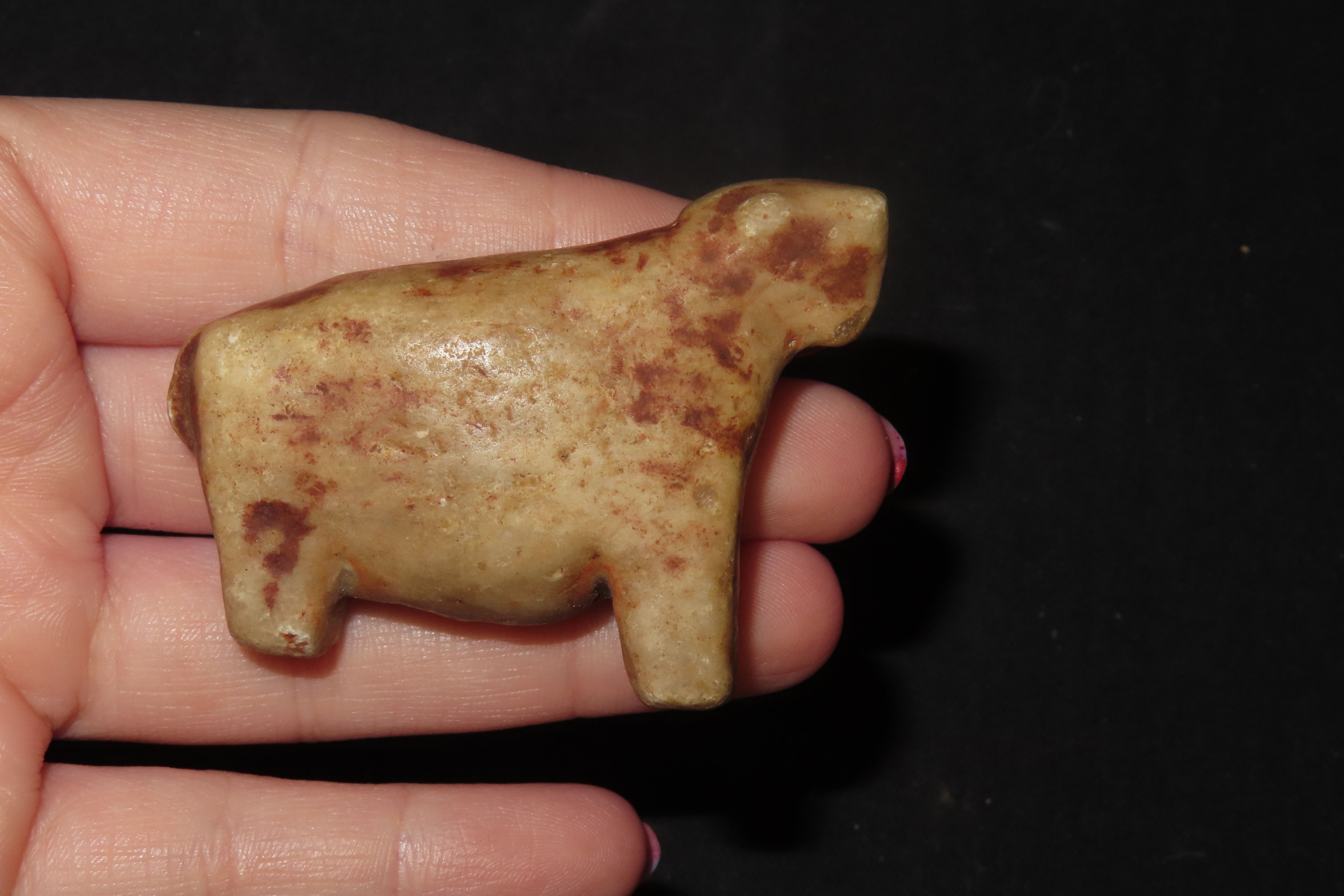 Pre-Columbian Stone Canopa Llama effigy from Peru, Colonial era, Nicely carved details and well patianted example.