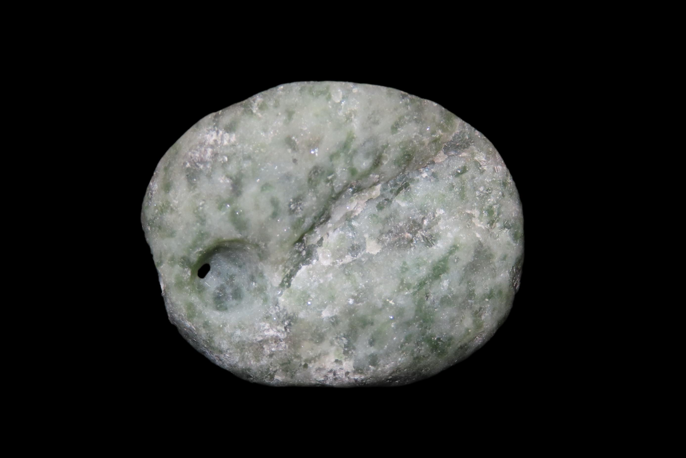 Nice l Pre-Columbian Mezcala Jade / Jadeite Face Effigy Pendant, Drilled Stone Bead. Meticulously Shaped & Heavily Polished with Outstanding