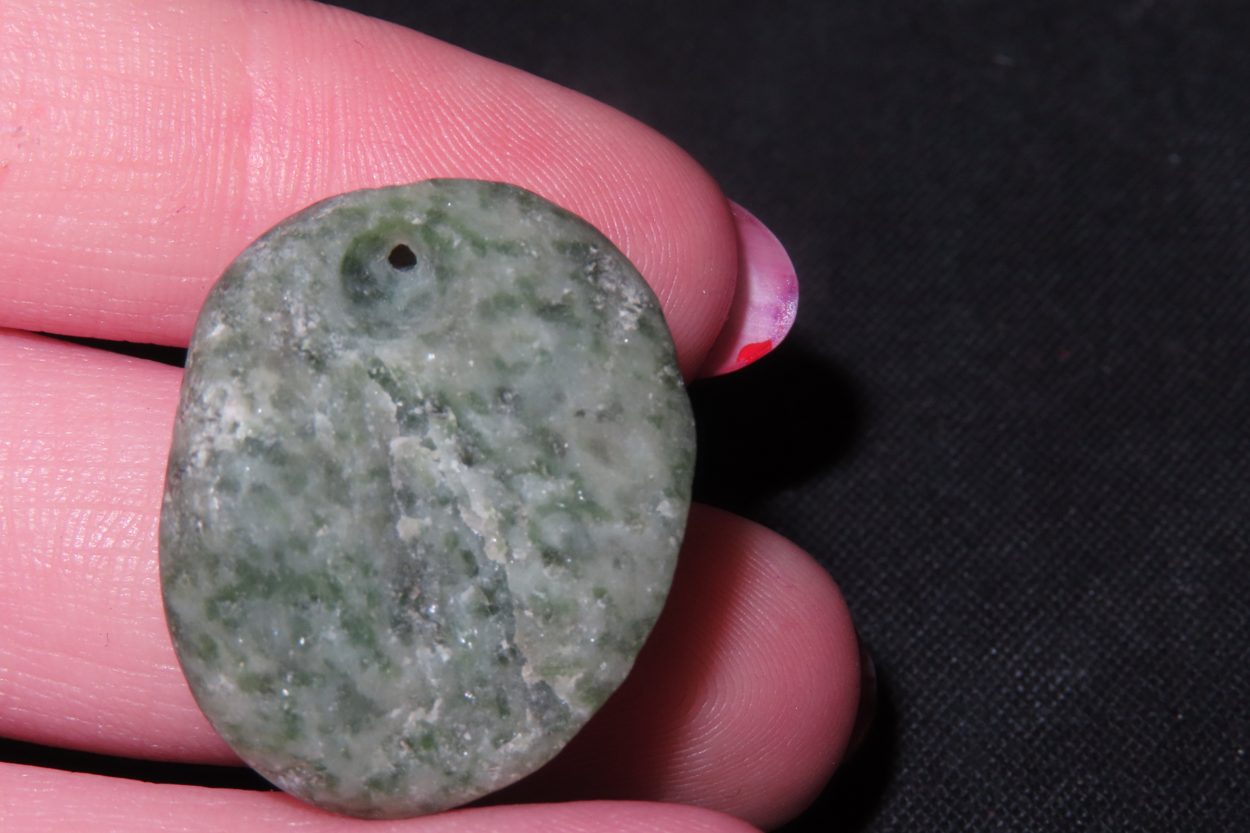 Nice l Pre-Columbian Mezcala Jade / Jadeite Face Effigy Pendant, Drilled Stone Bead. Meticulously Shaped & Heavily Polished with Outstanding