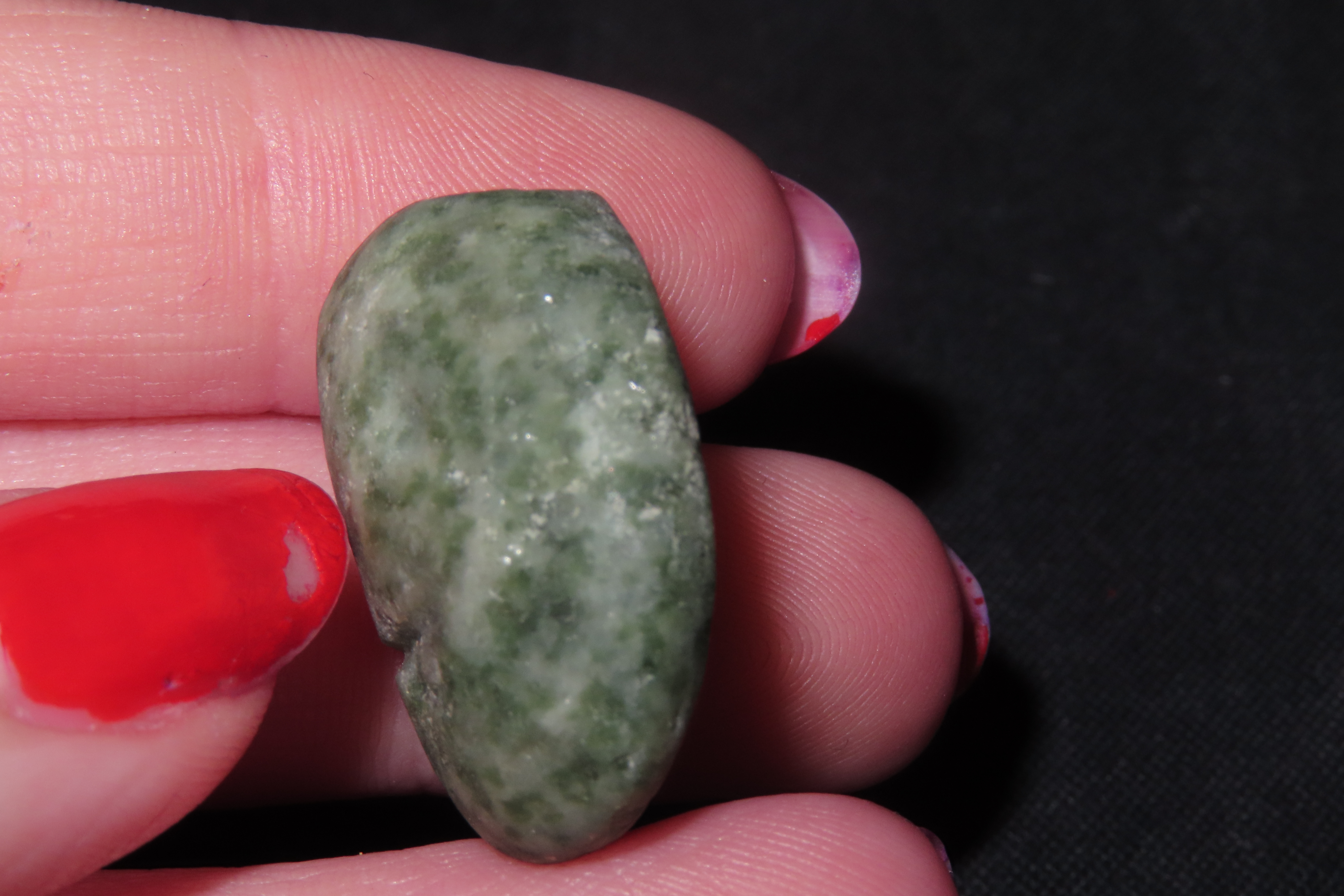 Nice l Pre-Columbian Mezcala Jade / Jadeite Face Effigy Pendant, Drilled Stone Bead. Meticulously Shaped & Heavily Polished with Outstanding