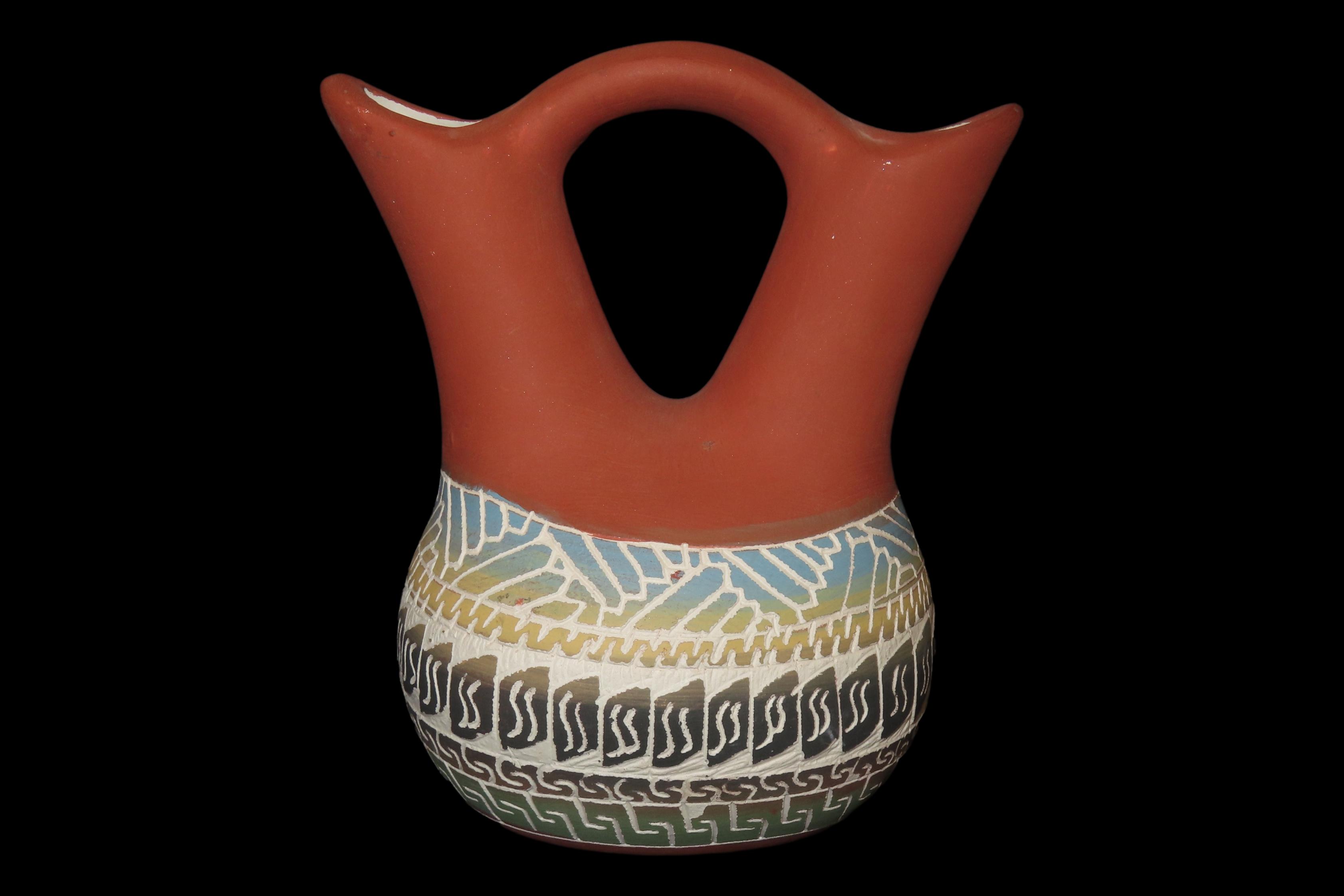 Beautiful Southwest Navajo Indians Pottery Wedding Vase. Original Hand Painted / hand Etched Example. Signed on Bottom.