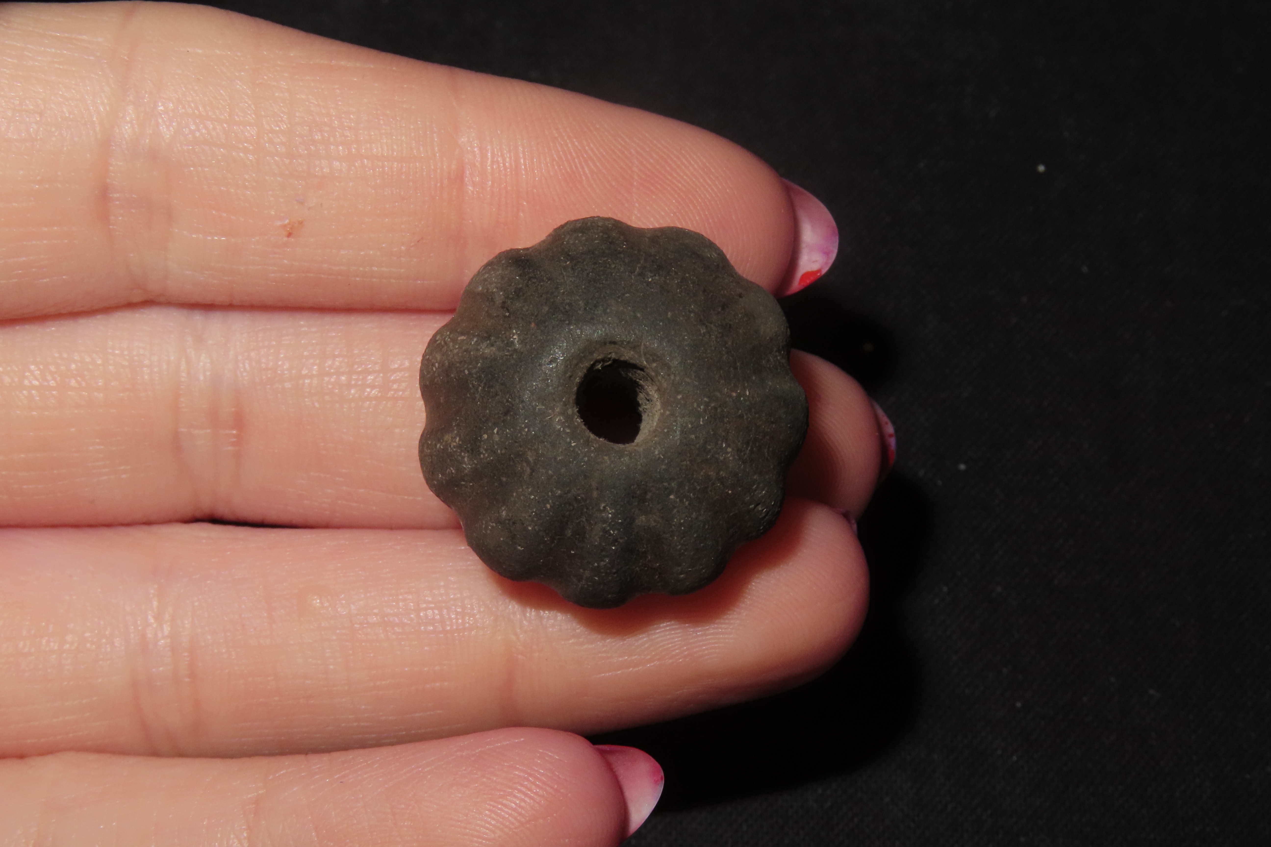 Engraved Pre-Columbian Gourd / Pumpkin Effigy Clay Bead, Nicely Deigned Example. Mexico.