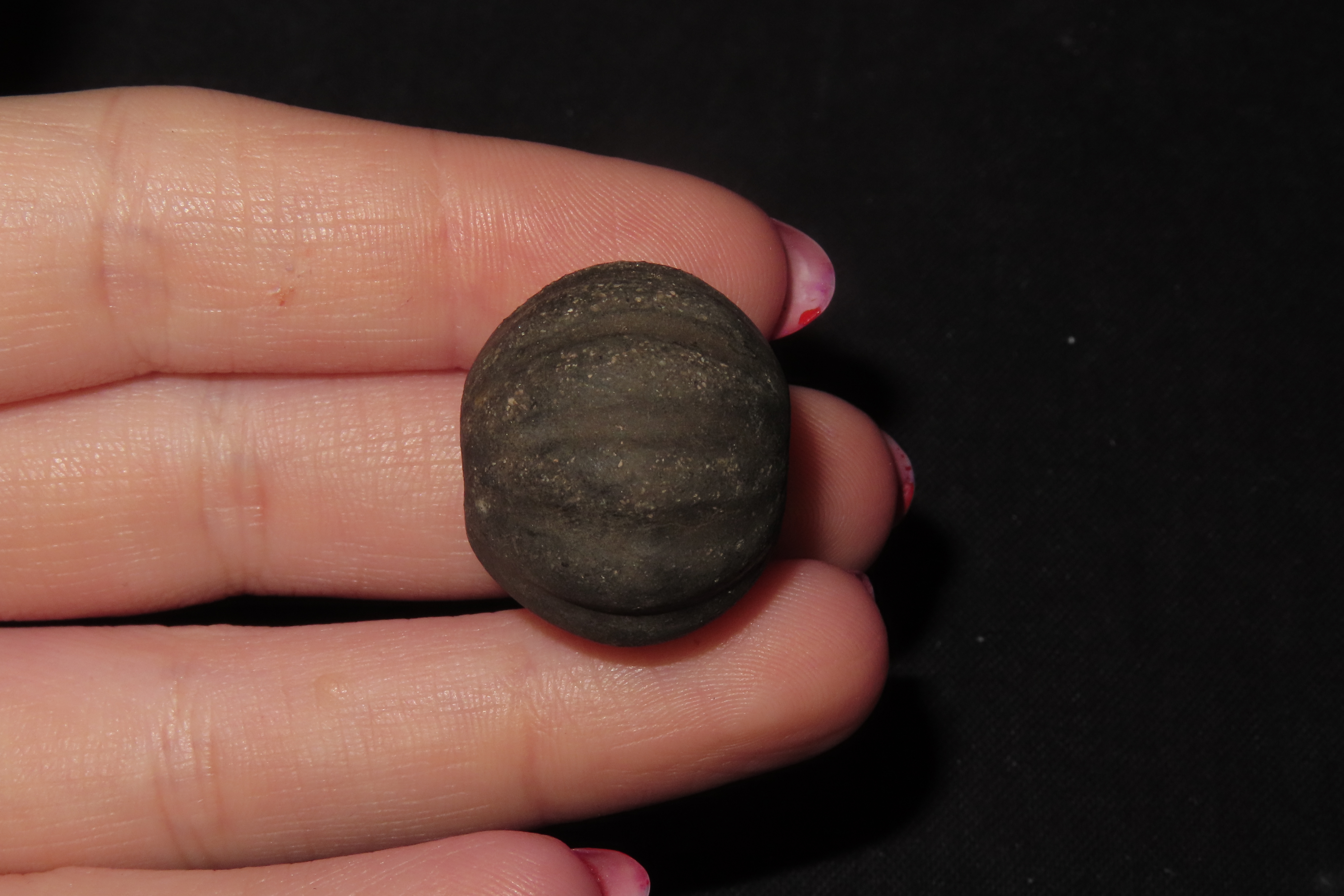 Engraved Pre-Columbian Gourd / Pumpkin Effigy Clay Bead, Nicely Deigned Example. Mexico.
