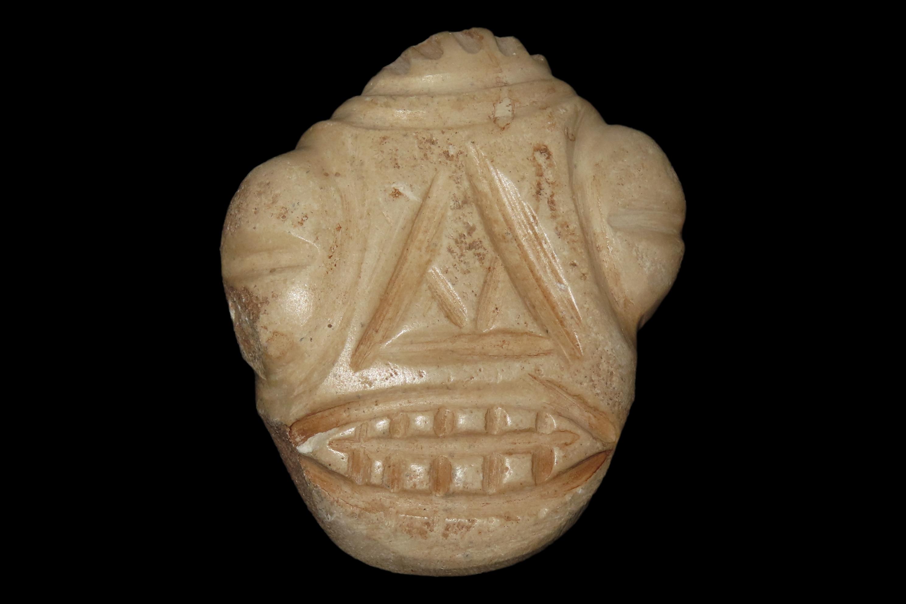 Nice 3 1/2" Pre-Columbian Human Effigy Maskette, Taino Culture. Motley COA. Found in Puerto Rico.