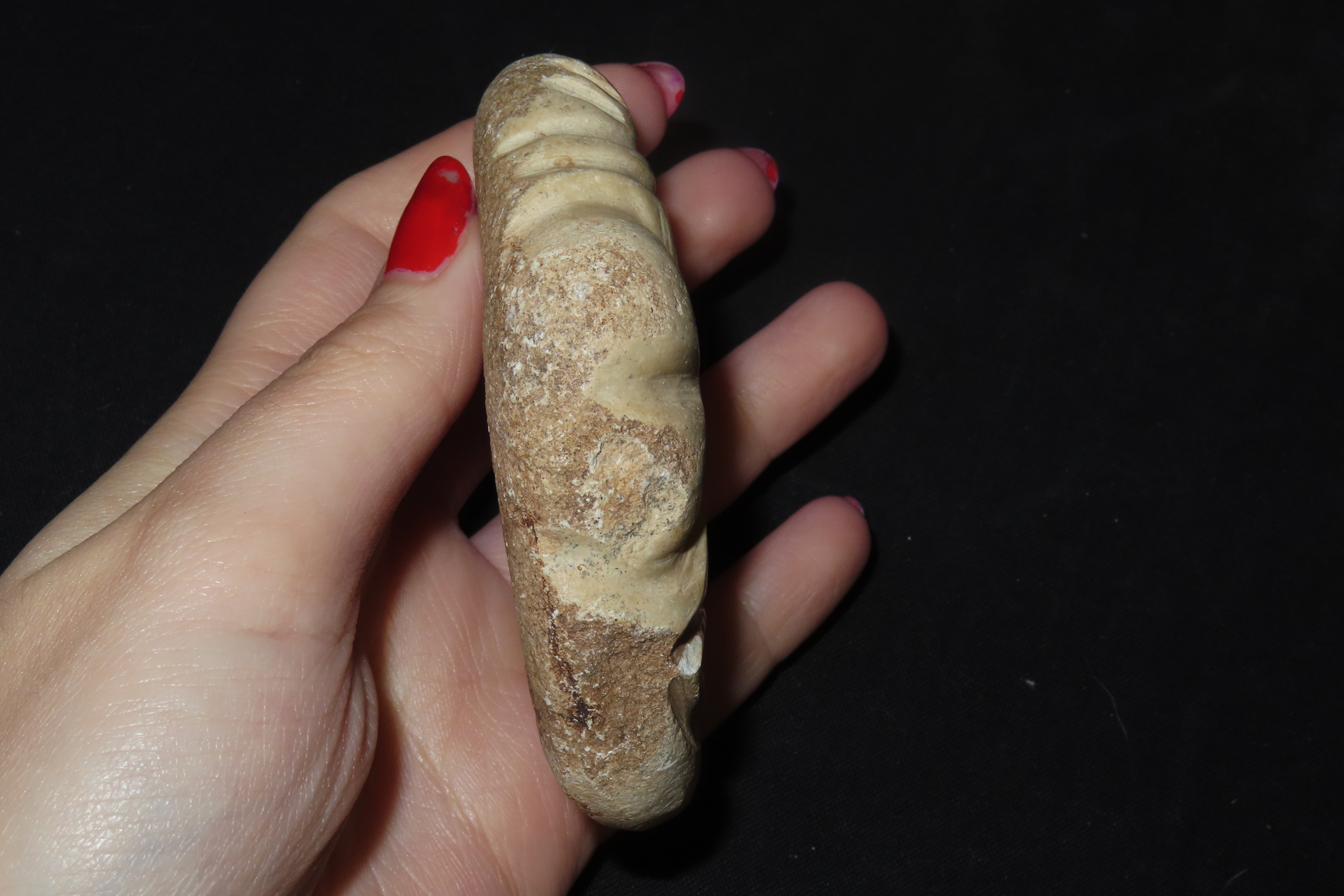 Nice 3 1/2" Pre-Columbian Human Effigy Maskette, Taino Culture. Motley COA. Found in Puerto Rico.