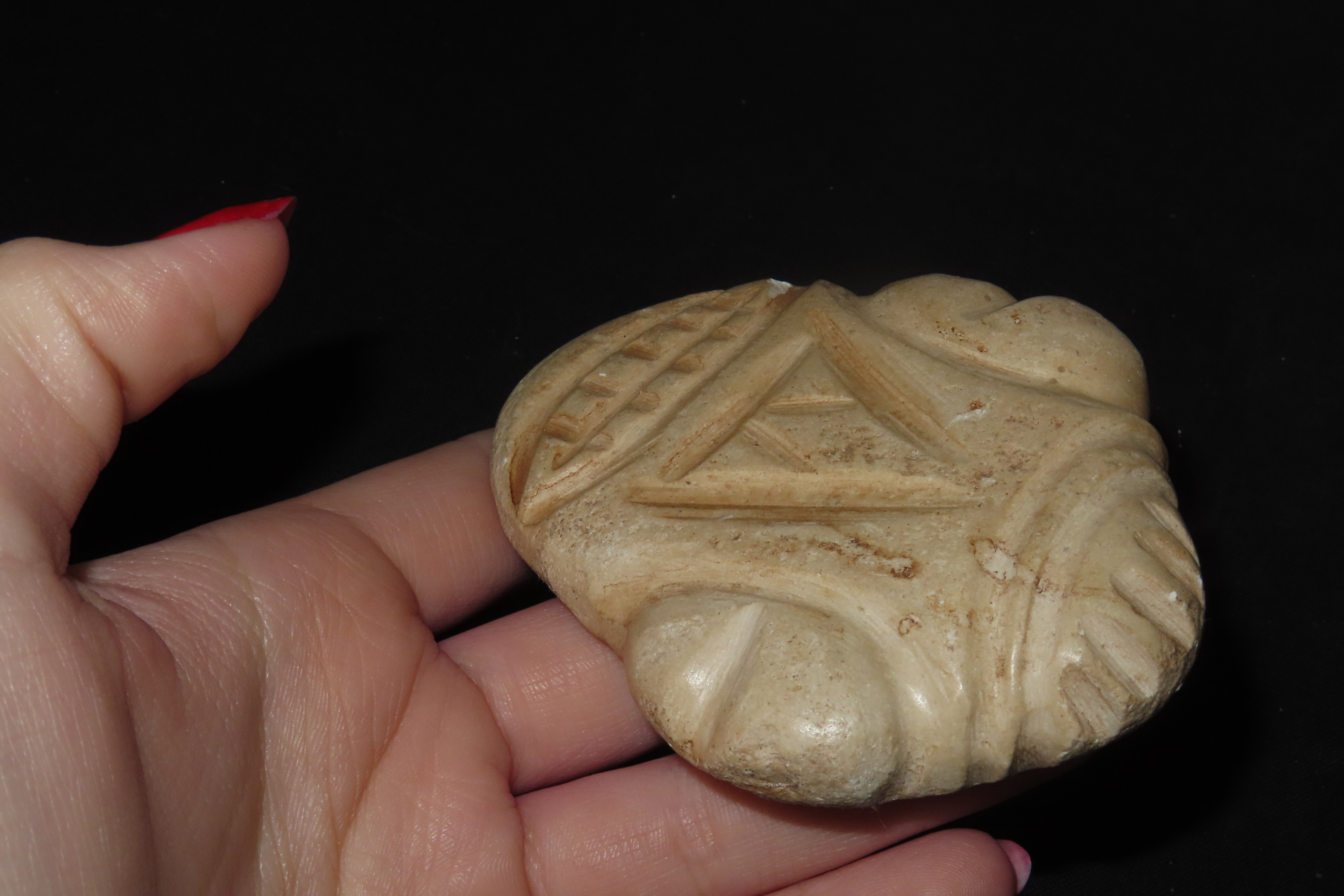 Nice 3 1/2" Pre-Columbian Human Effigy Maskette, Taino Culture. Motley COA. Found in Puerto Rico.