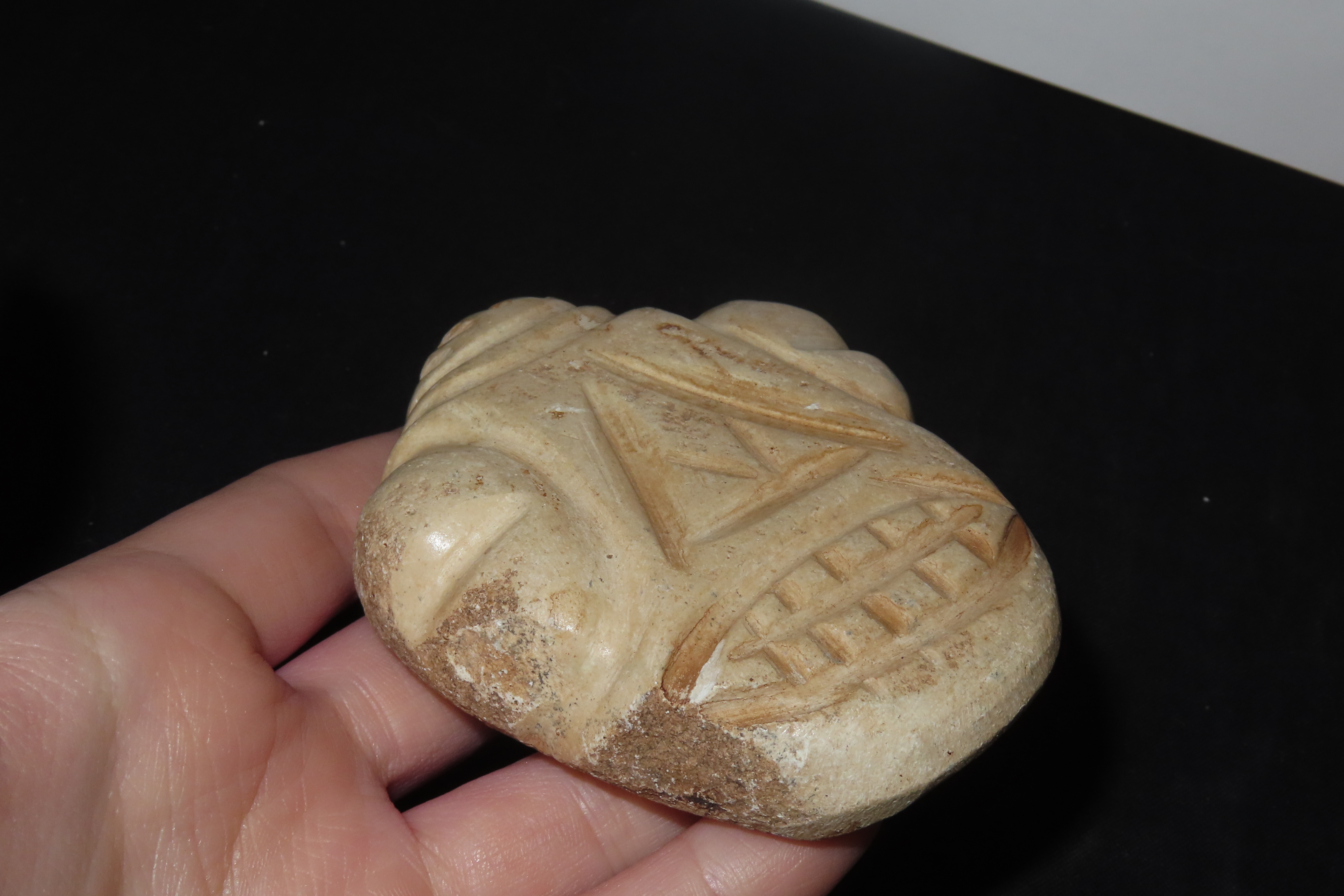 Nice 3 1/2" Pre-Columbian Human Effigy Maskette, Taino Culture. Motley COA. Found in Puerto Rico.