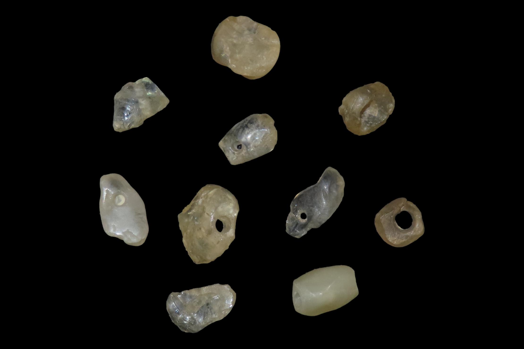 Lot of 10 Pre-Columbian Clear Crystal Quartz Drilled Beads from South America. I can't imagine the time & Patience to make just one, much le