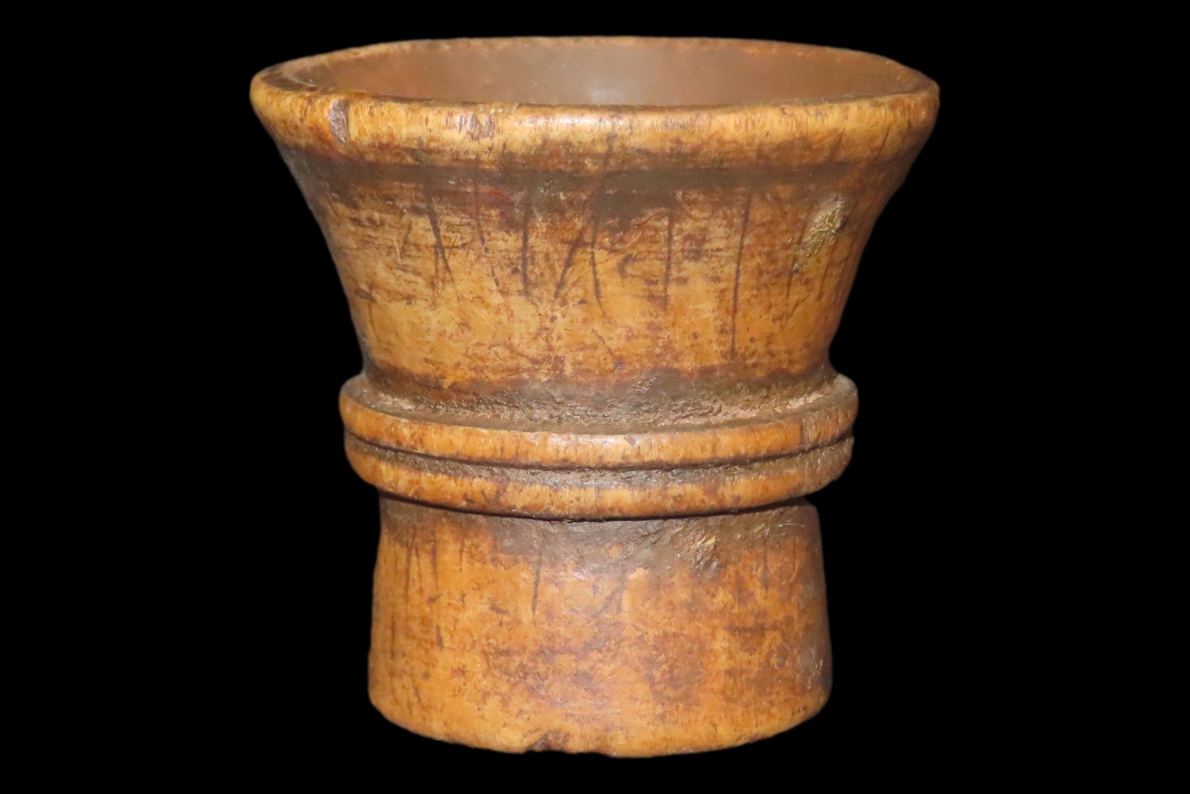 Nice Pre-Columbian Inca Hand Carved Wood Cup / Kero, found in Peru. Drinking Vessel for the black drink.