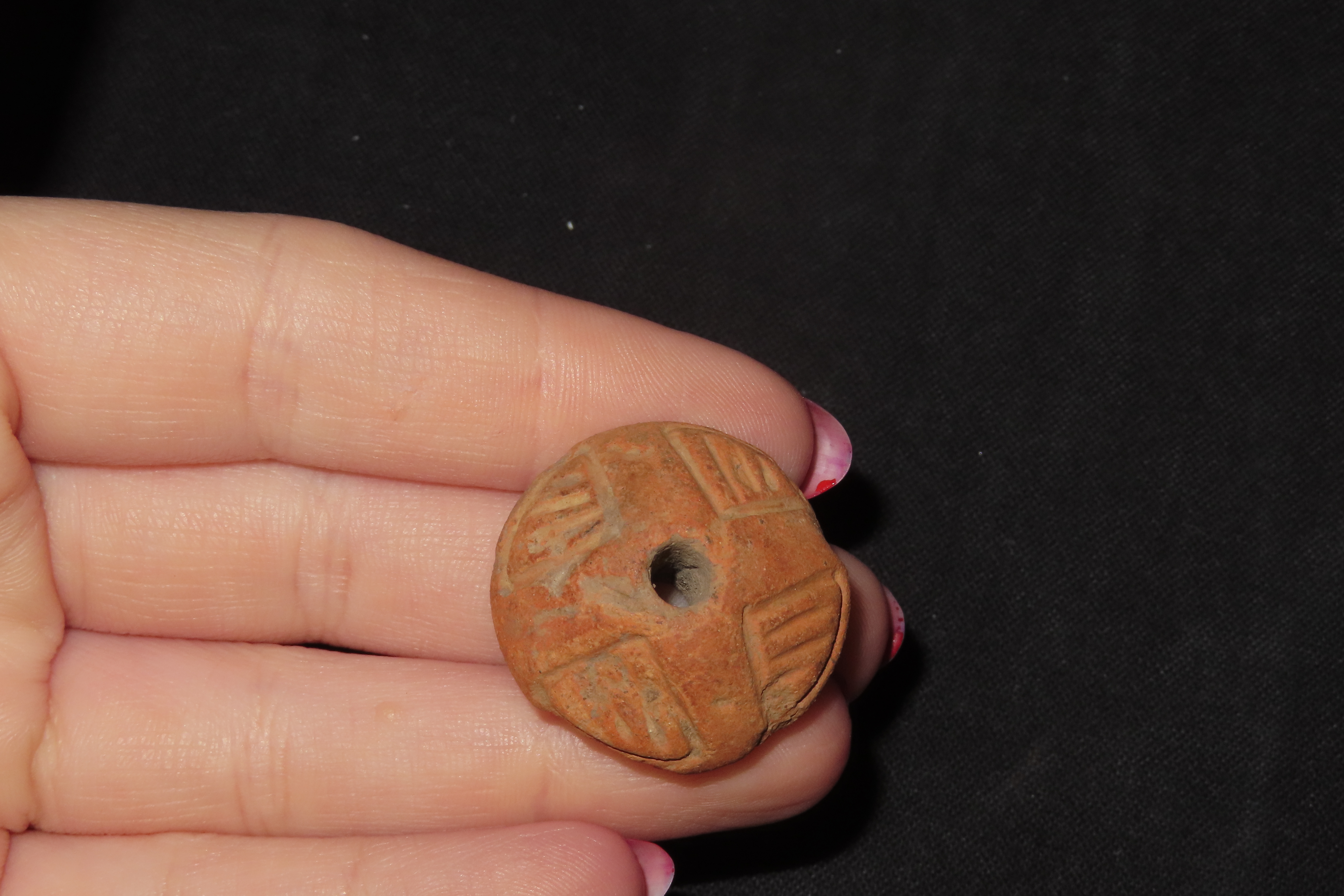 Engraved Pre-Columbian Effigy Clay Bead, Nicely Deigned Example. Mexico.