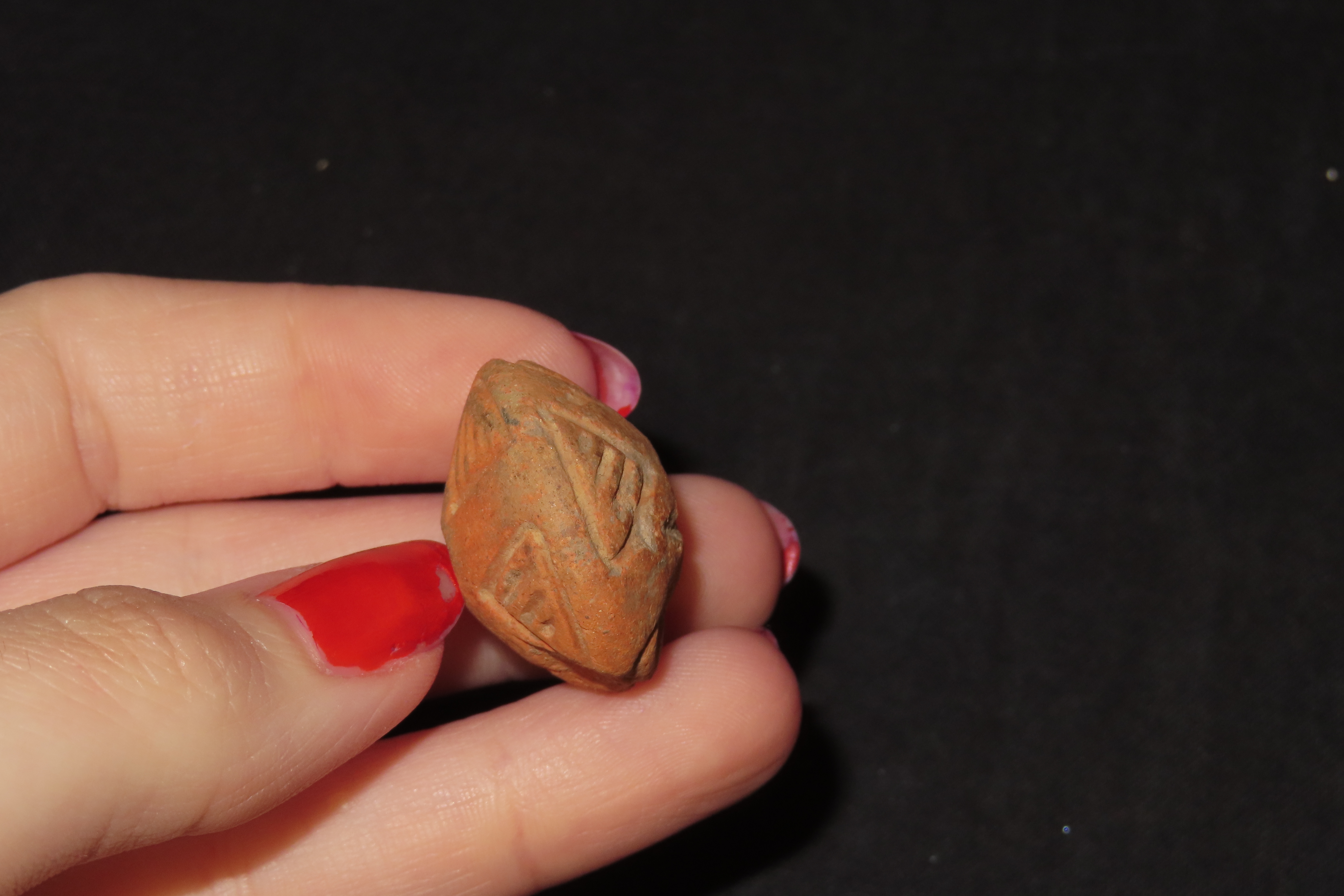 Engraved Pre-Columbian Effigy Clay Bead, Nicely Deigned Example. Mexico.