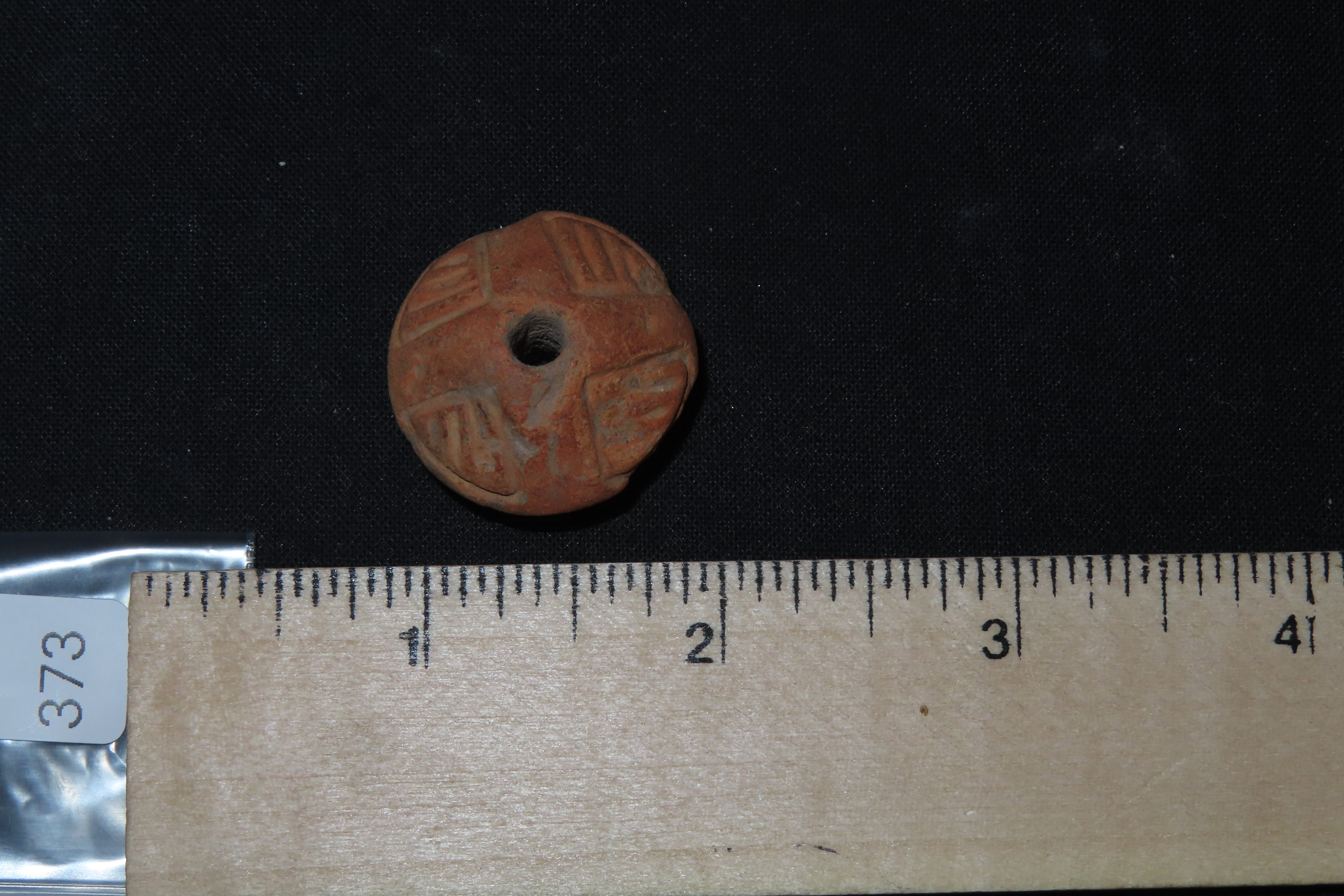 Engraved Pre-Columbian Effigy Clay Bead, Nicely Deigned Example. Mexico.