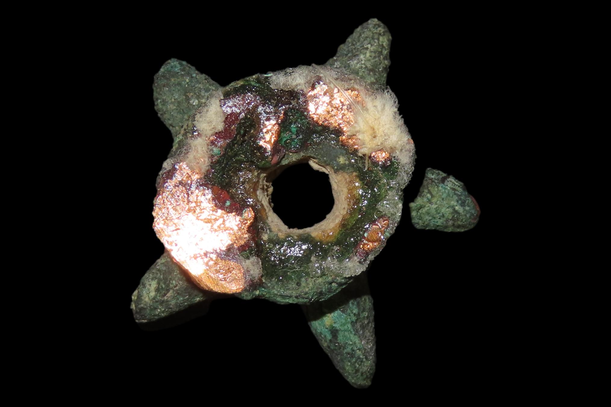 Rare Copper Mace Head Effigy Pendant / Bead. Peru. Nicely detailed example, a nice Miniature example true to form of the larger mace heads.