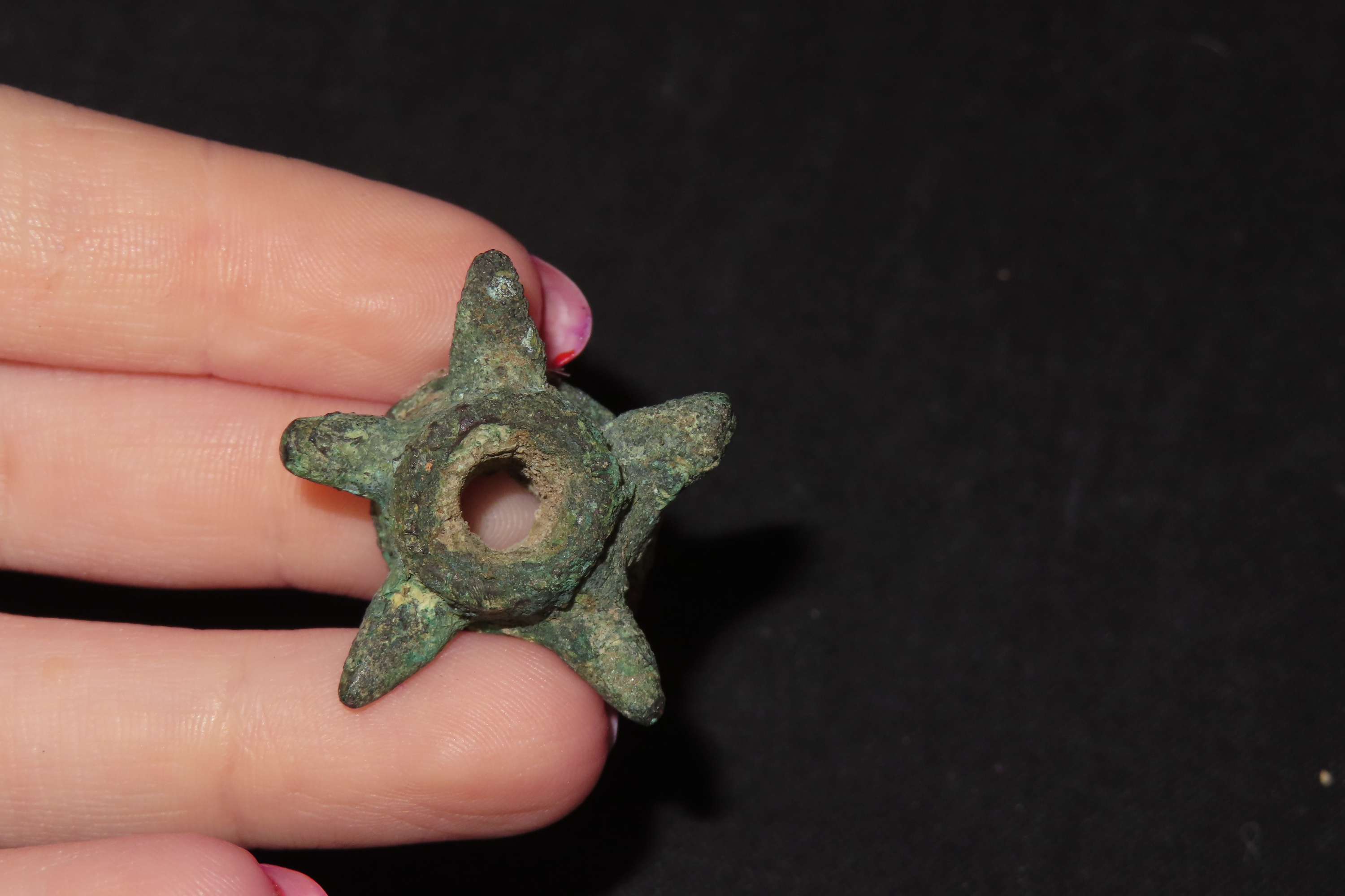 Rare Copper Mace Head Effigy Pendant / Bead. Peru. Nicely detailed example, a nice Miniature example true to form of the larger mace heads.