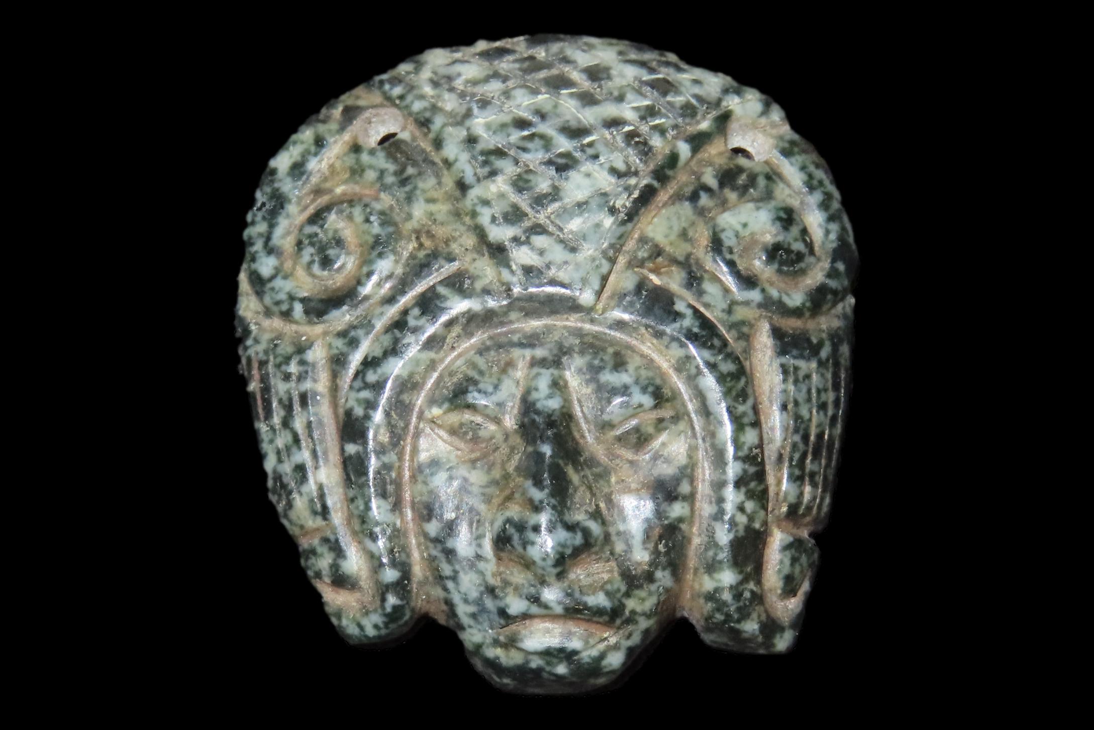 Amazing Pre-Columbian Human Effigy mask / Maskette Pendant found in Mexico. Motley COA. Very Colorful Jadeite with amazing detail and great 