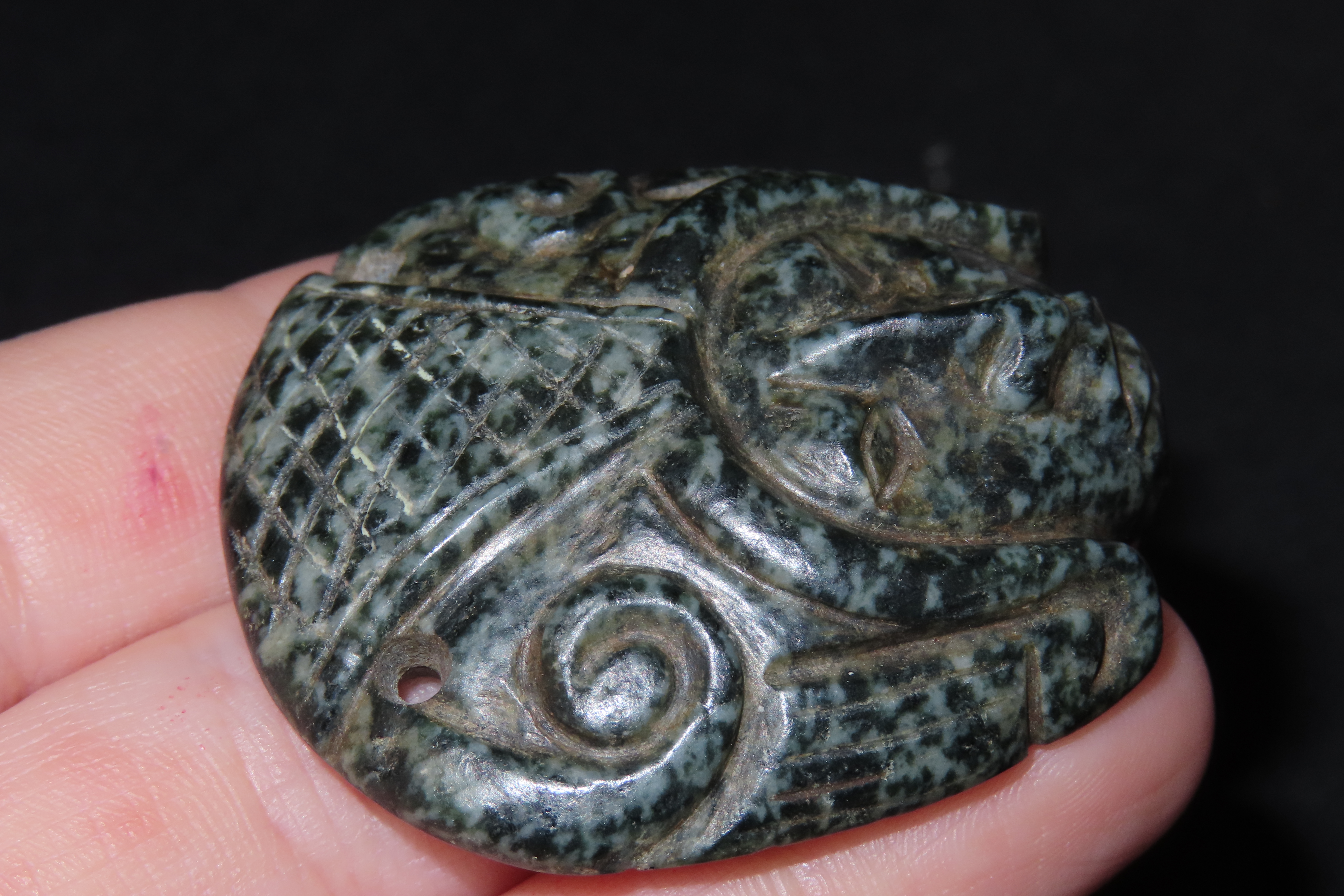 Amazing Pre-Columbian Human Effigy mask / Maskette Pendant found in Mexico. Motley COA. Very Colorful Jadeite with amazing detail and great 