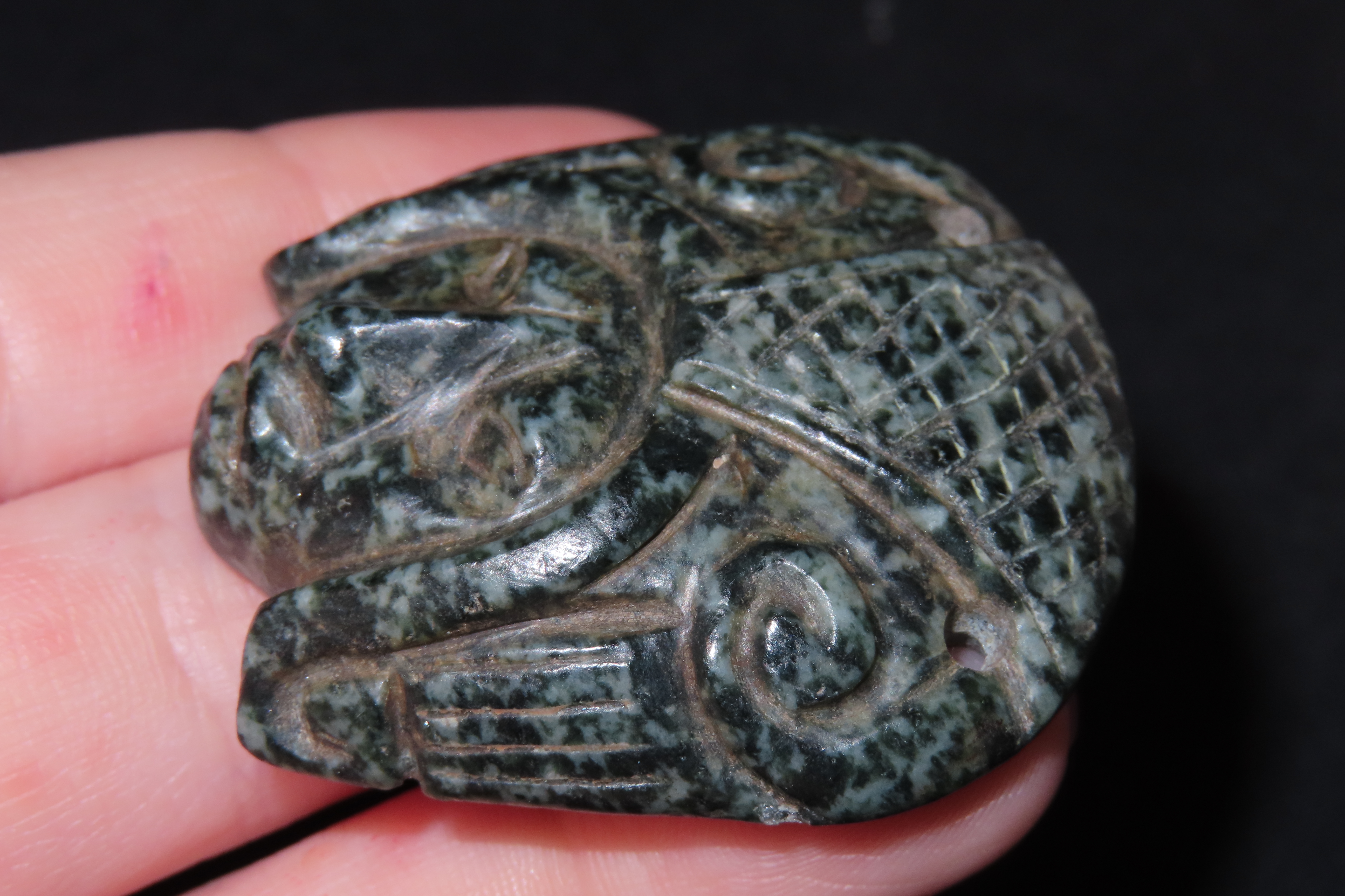 Amazing Pre-Columbian Human Effigy mask / Maskette Pendant found in Mexico. Motley COA. Very Colorful Jadeite with amazing detail and great 