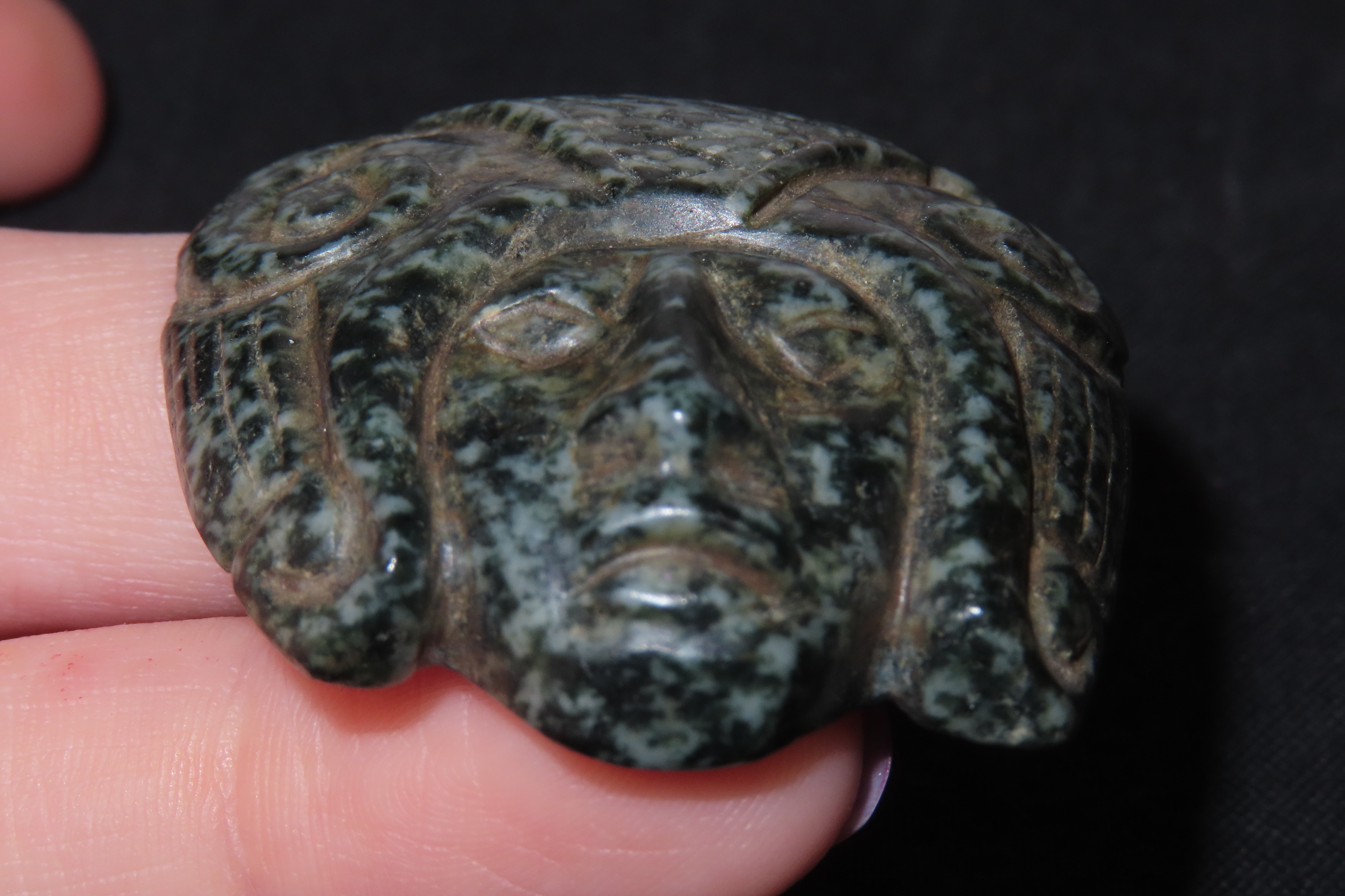 Amazing Pre-Columbian Human Effigy mask / Maskette Pendant found in Mexico. Motley COA. Very Colorful Jadeite with amazing detail and great 